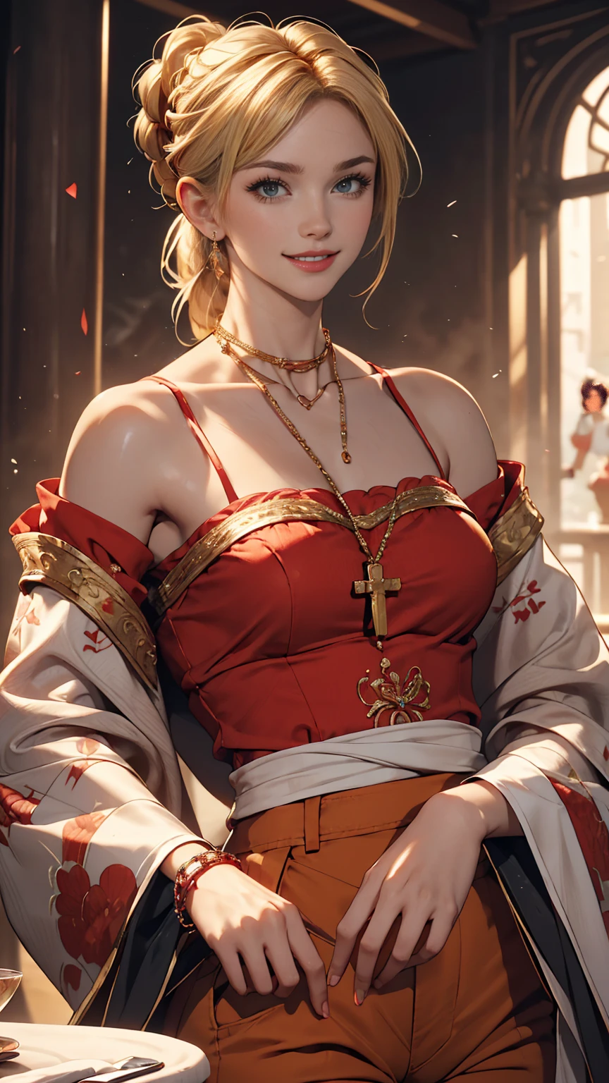((最high quality, 8K, masterpiece: 1.3, Ultra HD, high quality, 最high quality, High resolution, realism)) 、A 22-year-old extremely beautiful white woman、Hair color blonde、blue eyeedium Hair、Straight Hair、smile、Slender but well-proportioned body、Background blur((depth of field))、Aerial perspective((atmospheric perspective))、I want my head to stay off screen、Put an anklet on your ankle、Wearing red nail polish、I have a peticure、Surplice Neck((surplice neck))Wear a top from、Harlem Pants((harem pants))Wear、サンダルWear、Cross one&#39;s arms、smile、Braided ponytail((braided ponytail))