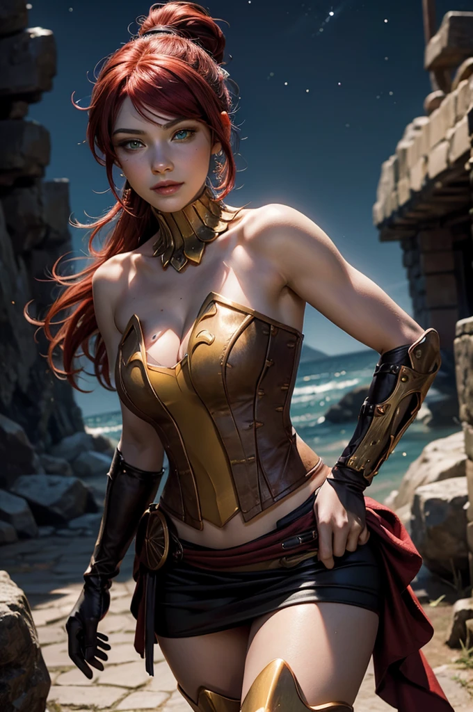 stunning girlfriend, heart shaped face, elegant face, beautiful face, highly detailed face, highly detailed skin, skin pores, subsurface scattering, realistic pupils, full lips, detailed background, depth of field, atmospheric perspective, volumetric lighting, sharp focus, absurdres, realistic proportions, good anatomy, (realistic, hyperrealistic:1.4), 16k hdr, ((best quality)), ((highly detailed)), absurdres, (detailed eyes, deep eyes), (1girl), full body, pyrrha nikos, rwby, red hair, ponytail, green eyes, medium breasts, smiling, circlet, bustier, bare shoulders, skirt, elbow gloves, bracers, armored boots, night, stars, on deck of pirate ship, galleon, sails, sea, crew, (crew wearing traditional Greek robes))