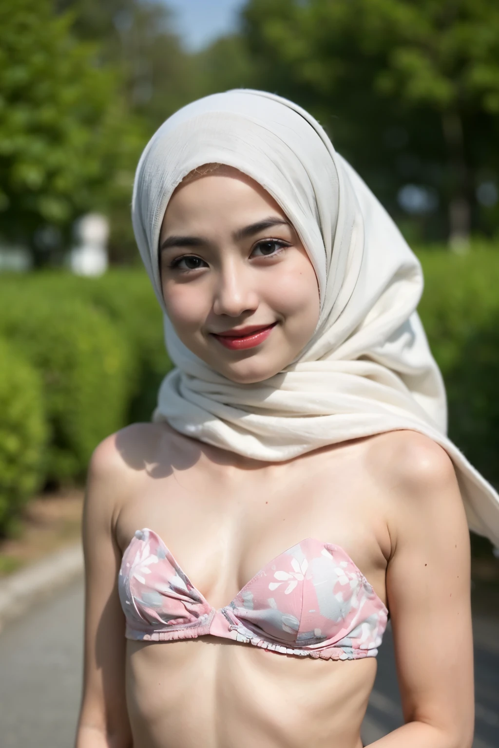 ((Flat chest:1.6)), (Happy smile), (((HIJAB MALAY GIRL))), masutepiece, High quality, UHD 32K, Realistic face, Realistic skin feeling , A Japanese Lady, 8 years old, , Very cute and baby-like face, (((FLAT CHEST))), (Night time at forest), ((look In front  at the camera and SADNESS)), ((())), (((CUTE GIRL))), ((RED LIPS)), ((Floral Pattern)) little wearing strapless bra, strapless colorful bra, dark night horror scary place (from behind up) seductive pose