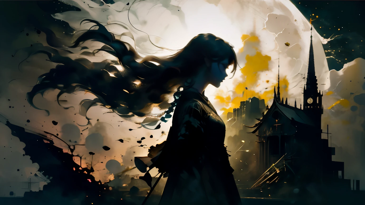 Girl in backlight。Standing quietly。Long hair fluttering in the wind。Silhouette of tall abandoned church。Gothic