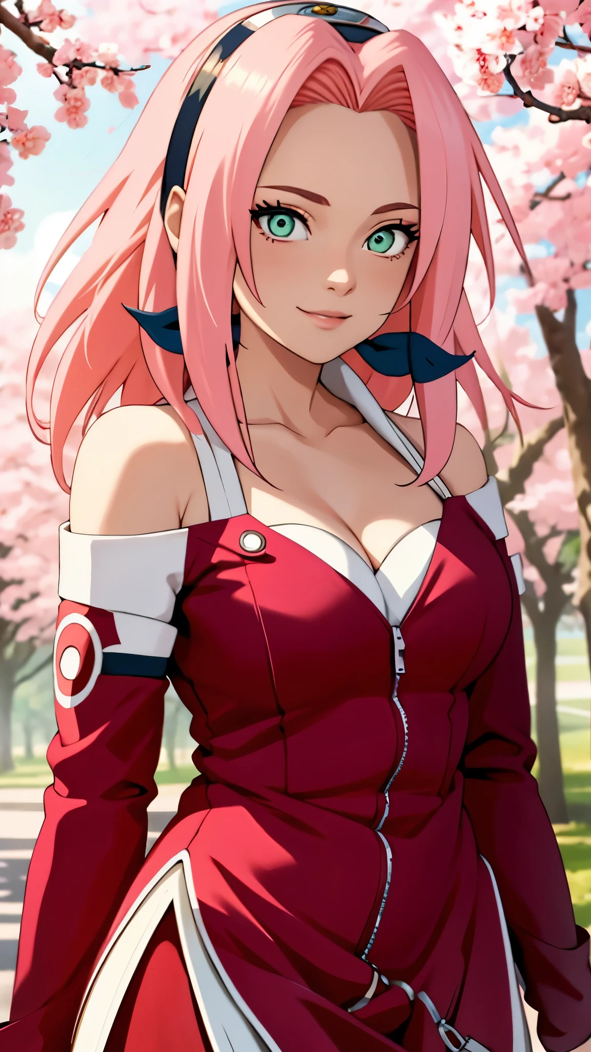 tmasterpiece, Best quality at best, 1girll, Sakura Haruno, Large breasts,Off-the-shoulder attire,(cleavage),(upperbody closeup),Raised sexy,is shy,ssmile,with pink hair, long whitr hair, (Green eyeballs:1.4), Forehead protection, the cherry trees,Cherry blossoms flying,Red clothes,Zipper half, deep cleavage, revealing clothes,