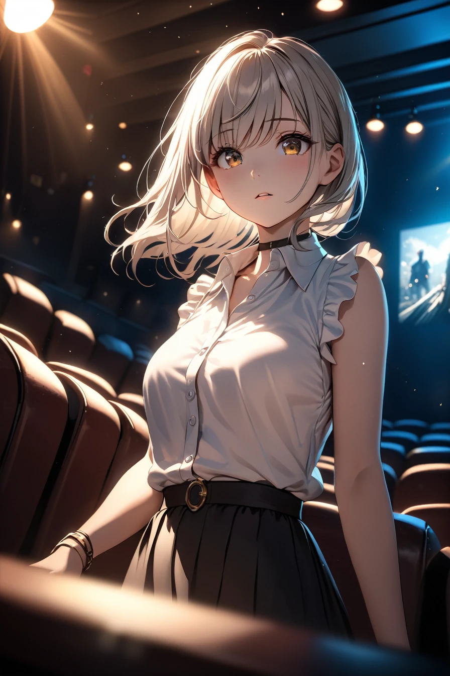 highest quality, Ultra-high resolution, One girl, Sleeveless white button-up shirt, Black Skirt, Black Choker, cute,(Platinum Blonde Hair:1), ((Puffy eyes)), View your viewers(Depth of Field HDR 8K 4K Wallpaper Cinematic Angle, Cinema Lighting,:1.5) (masterpiece, highest quality:2.0)