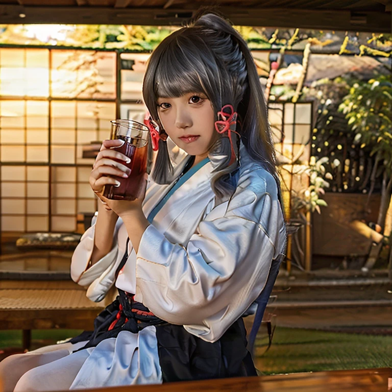 a  girl wearing a Japanese kimono sits holding a glass of tea with a beautiful face and long black hair socute 18k resolution