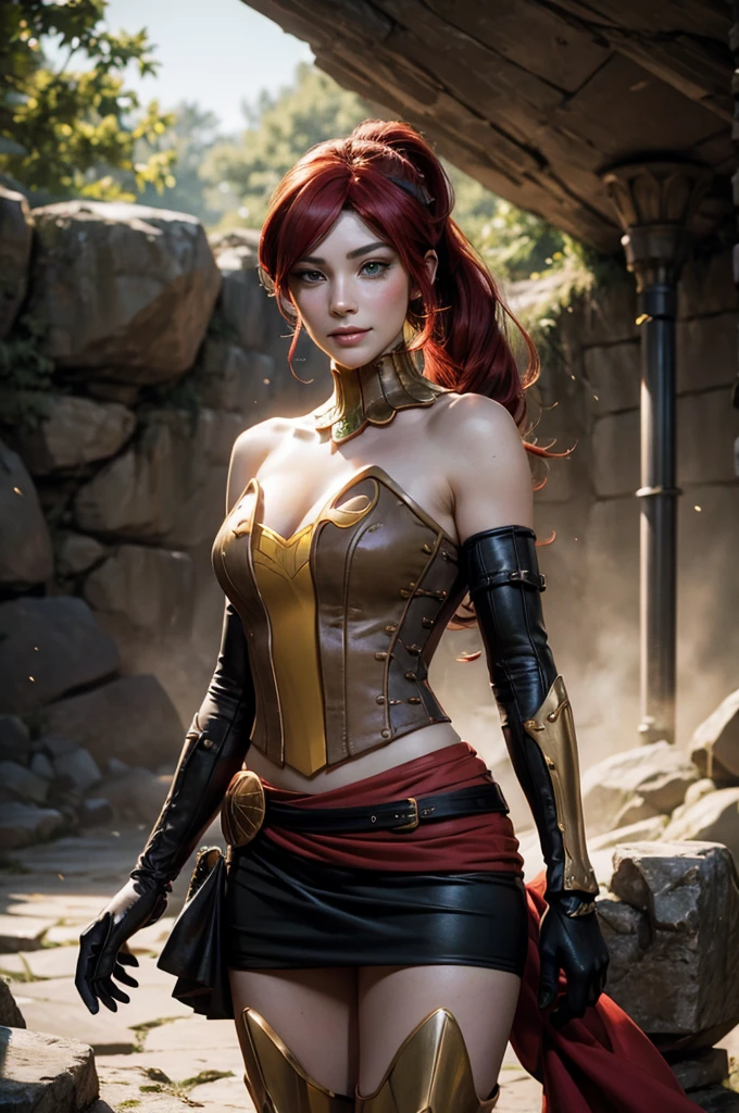 stunning girlfriend, heart shaped face, elegant face, beautiful face, highly detailed face, highly detailed skin, skin pores, subsurface scattering, realistic pupils, full lips, detailed background, depth of field, atmospheric perspective, volumetric lighting, sharp focus, absurdres, realistic proportions, good anatomy, (realistic, hyperrealistic:1.4), 16k hdr, ((best quality)), ((highly detailed)), absurdres, (detailed eyes, deep eyes), (1girl), full body, pyrrha nikos, rwby, red hair, ponytail, green eyes, medium breasts, smiling, circlet, bustier, bare shoulders, skirt, elbow gloves, bracers, armored boots, night, stars, moonlight, standing, in entrance to cave, underground pool, rocks, crowd