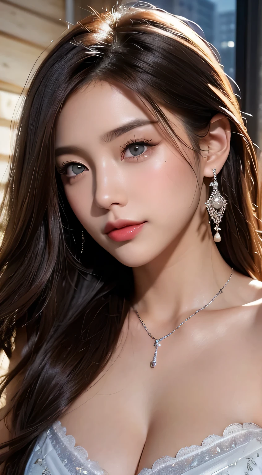 Beautiful urban college girl、masterpiece、light makeup、Red lips、Silver Hair、Disheveled long hair、Background of the cityscape、beautifully、elegant。 Extremely fine detail、masterpiece、Authentic texture、Realism in film lighting、Perfect job、16k、HD 、Exquisite facial features、blue eyes、Japanese Idols、Beautiful Face、Cute smile、brown hair、Beautiful Hair、glamorous、Big Breasts、Big Breasts、Big Breasts、Cleavage,Erect nipples、Greasy muscles、Glowing Skin、Sunburn、Shining Brown Skin、 Wearing a sexy camisole、Viewed from the front、Big and patchy eyes、Smooth skin、Earrings、necklace、Tattoo