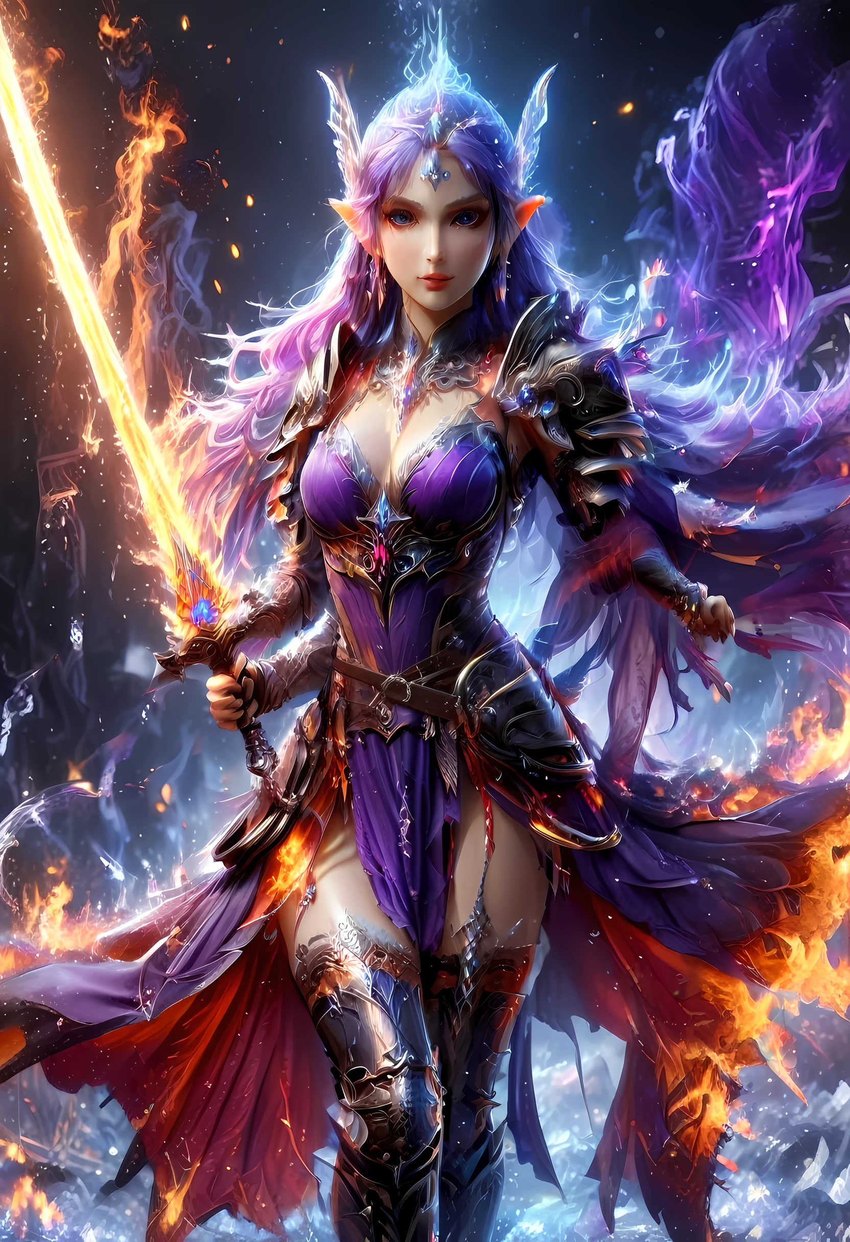 a picture of a female elf (intense details, Masterpiece, best quality: 1.5) fantasy swashbuckler, fantasy fencer, armed with a slim sword, shinning sword, metallic shine, colorful clothes, dynamic clothing, an ultra wide shot, full body (intense details, Masterpiece, best quality: 1.5)epic beautiful female elf (intense details, Masterpiece, best quality: 1.5), rich hair, braided hair, small pointed ears, GLOWING SWORD [colorful magical sigils in the air],[ colorful arcane markings floating] (intricate details, Masterpiece, best quality: 1.6), holding a [sword] (intricate details, Masterpiece, best quality: 1.6) holding a [sword glowing in red light] fantasy urban street (intense details, Masterpiece, best quality: 1.5),  purple cloak, long cloak (intense details, Masterpiece, best quality: 1.5), sense of daring, sense of adventure,  high details, best quality, 8k, [ultra detailed], masterpiece, best quality, (extremely detailed), dynamic angle, ultra wide shot, photorealistic, RAW, fantasy art, dnd art,fantasy art, realistic art, colouredglazecd_xl