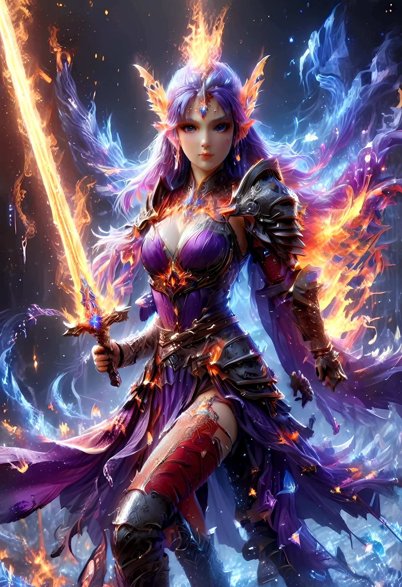 a picture of a female elf (intense details, Masterpiece, best quality: 1.5) fantasy swashbuckler, fantasy fencer, armed with a slim sword, shinning sword, metallic shine, colorful clothes, dynamic clothing, an ultra wide shot, full body (intense details, Masterpiece, best quality: 1.5)epic beautiful female elf (intense details, Masterpiece, best quality: 1.5), rich hair, braided hair, small pointed ears, GLOWING SWORD [colorful magical sigils in the air],[ colorful arcane markings floating] (intricate details, Masterpiece, best quality: 1.6), holding a [sword] (intricate details, Masterpiece, best quality: 1.6) holding a [sword glowing in red light] fantasy urban street (intense details, Masterpiece, best quality: 1.5),  purple cloak, long cloak (intense details, Masterpiece, best quality: 1.5), sense of daring, sense of adventure,  high details, best quality, 8k, [ultra detailed], masterpiece, best quality, (extremely detailed), dynamic angle, ultra wide shot, photorealistic, RAW, fantasy art, dnd art,fantasy art, realistic art, colouredglazecd_xl