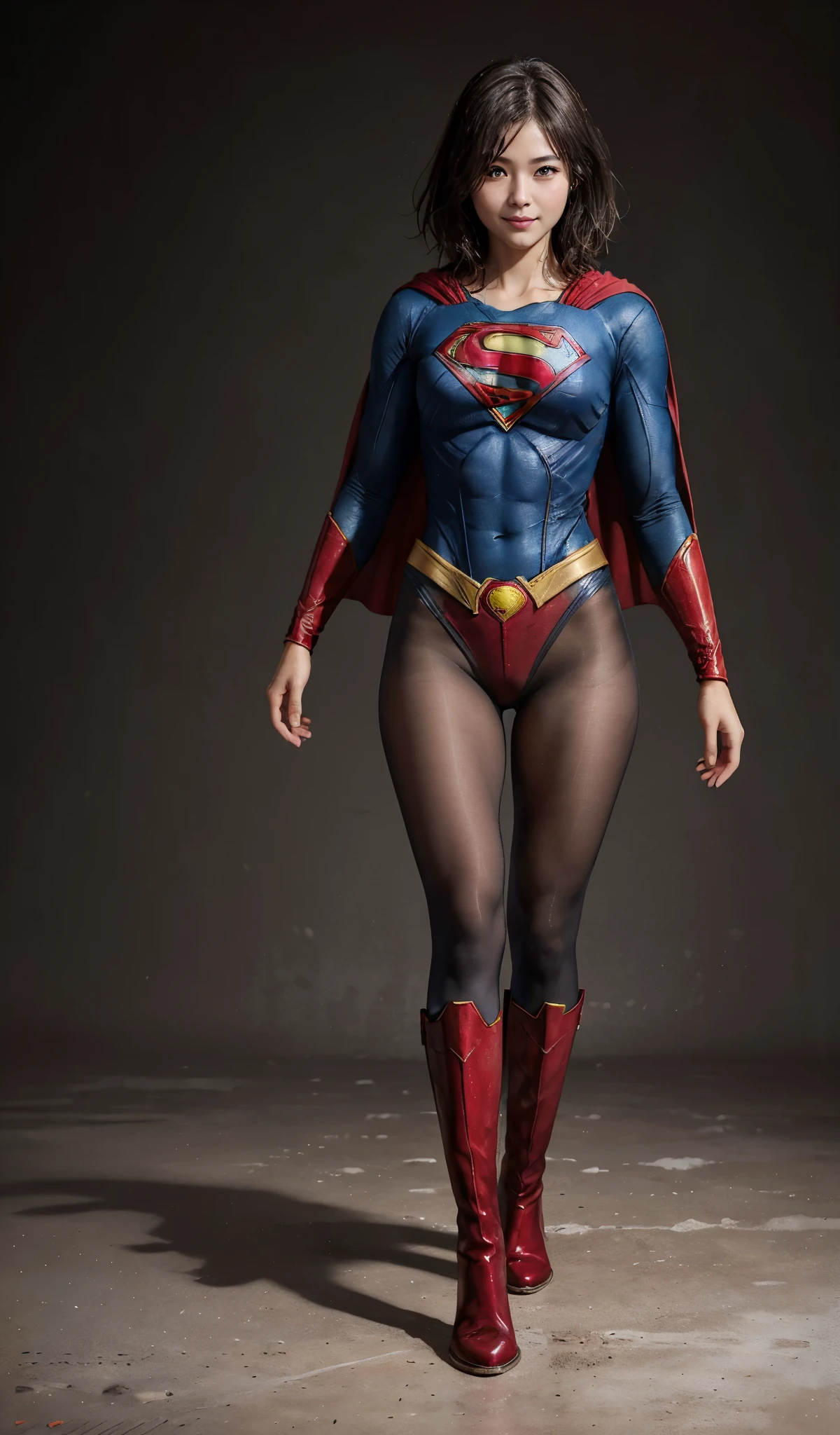 No background、(((Beautiful legs in black tights.)))、(((Legally express the beauty of your smile)))、((((Make the most of your original images)))、(((Supergirl Costume)))、(((beautiful short bob hair)))、(((suffering)))、(((Please wear black tights....、Wear red boots)))、((Best image quality、8K))、((highest quality、8K、masterpiece:1.3))、(((Preserve background )))、Sharp focus:1.2、Beautiful woman with perfect figure:1.4、Thin abdominal muscles:1.2、Wet body:1.5、Highly detailed face and skin texture、8K