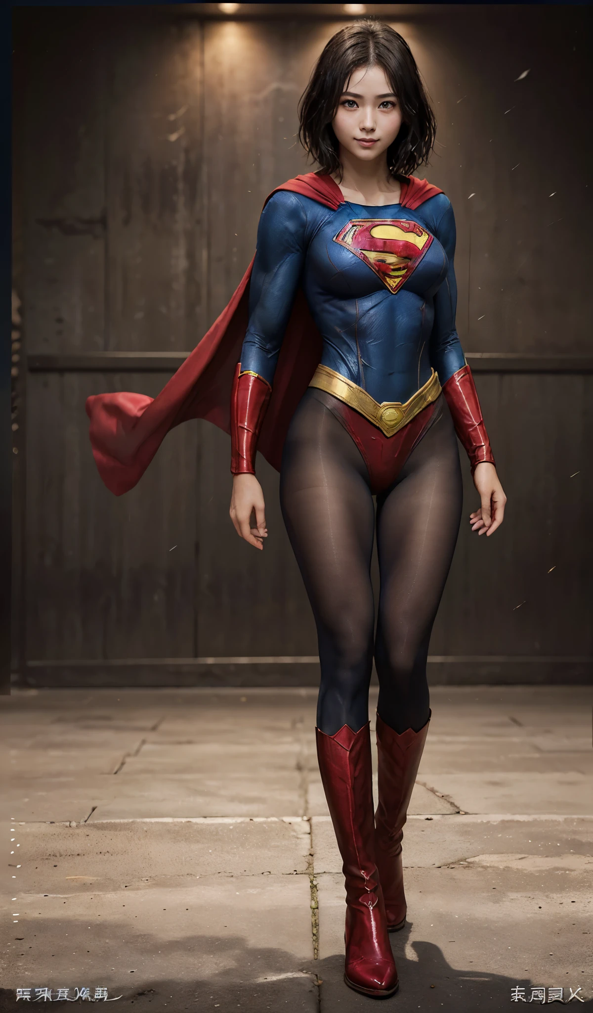 No background、(((Beautiful legs in black tights.)))、(((Legally express the beauty of your smile)))、((((Make the most of your original images)))、(((Supergirl Costume)))、(((beautiful short bob hair)))、(((suffering)))、(((Please wear black tights....、Wear red boots)))、((Best image quality、8K))、((highest quality、8K、masterpiece:1.3))、(((Preserve background )))、Sharp focus:1.2、Beautiful woman with perfect figure:1.4、Thin abdominal muscles:1.2、Wet body:1.5、Highly detailed face and skin texture、8K