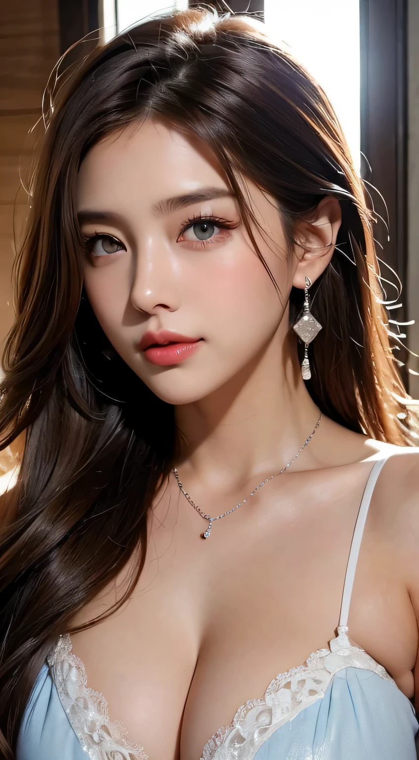 Beautiful urban college girl、masterpiece、light makeup、Red lips、Silver Hair、Disheveled long hair、Background of the cityscape、beautifully、elegant。 Extremely fine detail、masterpiece、Authentic texture、Realism in film lighting、Perfect job、16k、HD 、Exquisite facial features、blue eyes、Japanese Idols、Beautiful Face、Cute smile、brown hair、Beautiful Hair、glamorous、Big Breasts、Big Breasts、Big Breasts、Cleavage,Erect nipples、Greasy muscles、Glowing Skin、Sunburn、Shining Brown Skin、 Wearing a sexy camisole、Viewed from the front、Big and patchy eyes、Smooth skin、Earrings、necklace、Tattoo