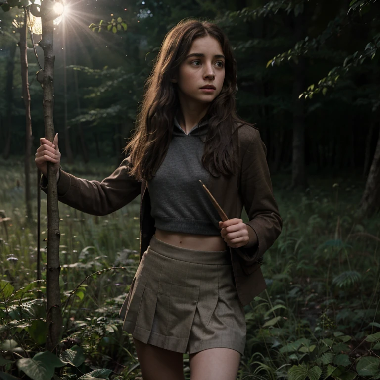 Realistic photography, high quality, Twenty-year-old Hermione Granger collects frogs in a forest clearing near Hogwarts, she is wearing a short skirt, thin waist, Moonlight night, thin hips, (unicorn in the distance: 1.1), strong wind, magic light