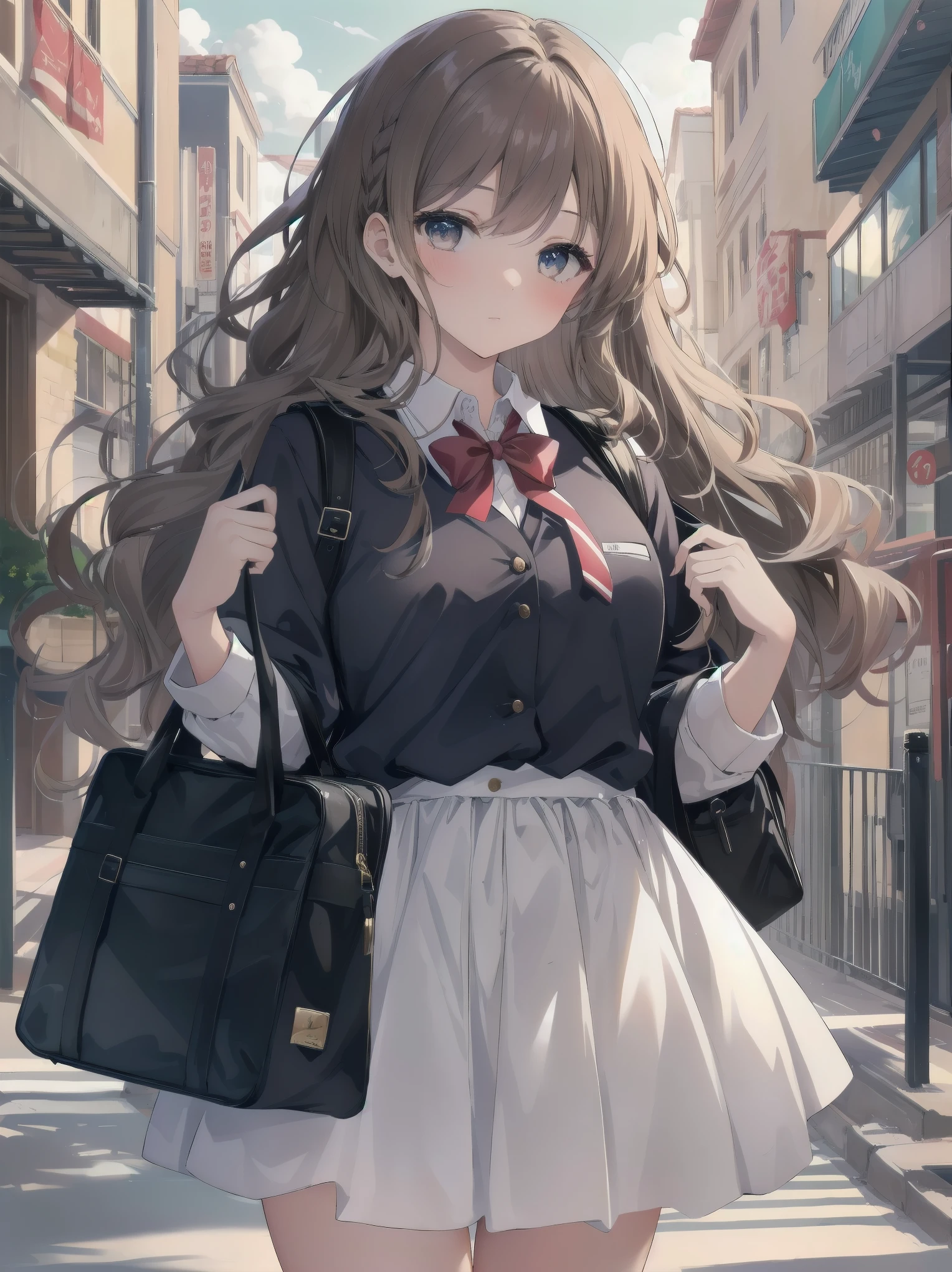 Masterpiece, top quality, super detailed, 16k,
One girl, spring, high school, warm colors, school bag, accurate and highly detailed background, flock of schoolgirls in uniforms of various body shapes and hairstyles, cute.
Blake.

A beautiful girl with wavy crimson hair. she is very well developed