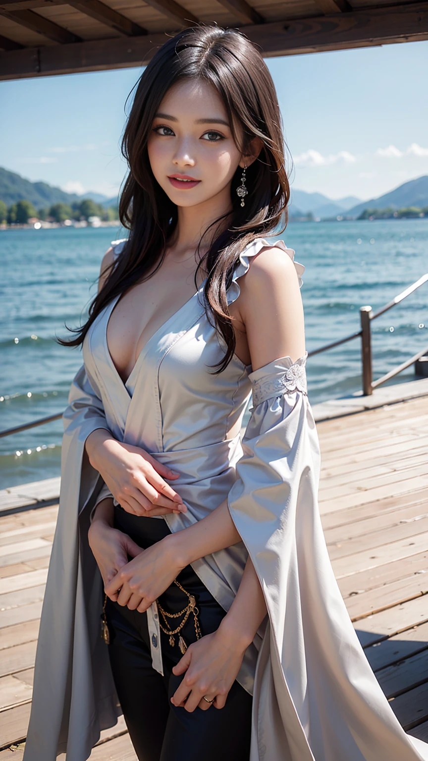 (Realistic, photo-Realistic:1.37), Incredibly absurd, (Very detailed:1.3), 8k, (masterpiece), (highest quality:1.4), (Ultra-high resolution:1.2), (RAW Photos:1.2), Very detailed背景, (unity 8k wallpaper), 1 nogizaka girl, very cute, (((bishojo:1.4))), (((15 years:1.35))), (Chiemsee costume), Exquisitely drawn beautiful faces, eyes and skin, Detailed black shiny hair, Small~Medium sized breasts, a Chiemsee costume with delicate and beautiful soft fabric, Smiling for the camera, Cowboy Shot, View from Lake Geneva, Professional Lighting