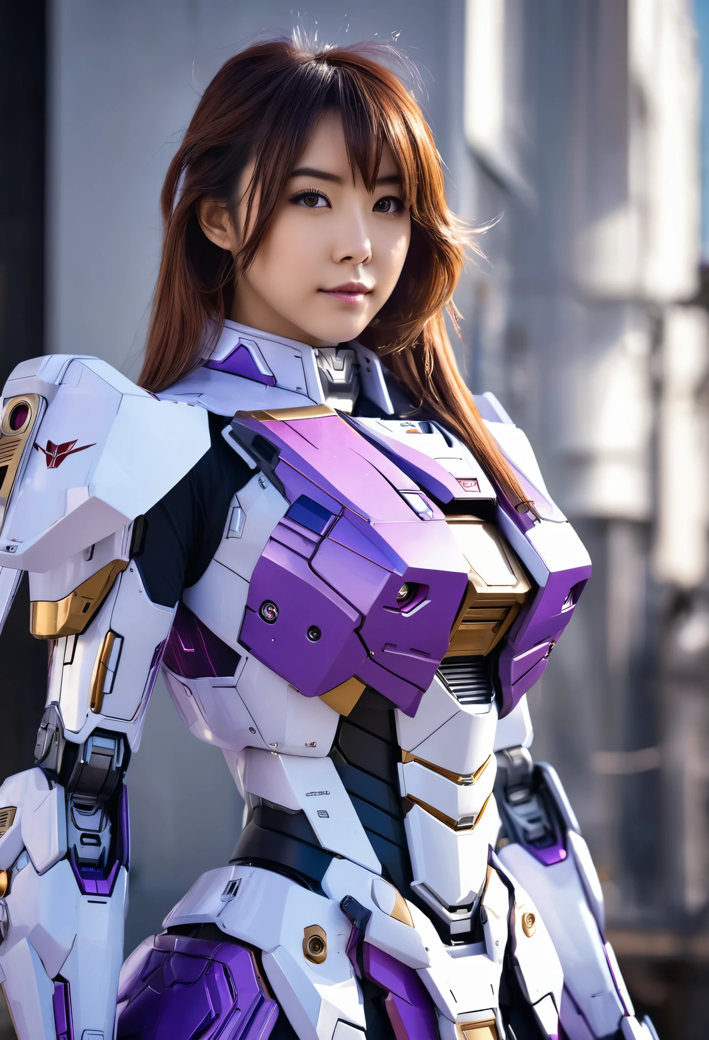 RAW, Masterpiece, Ultra Fine Photo,, Best Quality, Ultra High Resolution, Photorealistic, Sunlight, Full Body Portrait, Stunningly Beautiful,, Dynamic Poses, Delicate Face, Vibrant Eyes, a full body of a woman in a purple and white gundam custume, dybamic pose, long brown very very long hair rapunzel, girl in mecha cyber armor, portrait armored astronaut girl, d. va from overwatch, female mecha, on a gundam, gundam head, chiho aoshima color scheme, mobile suit, streamlined purple armor, fully robotic!! girl, realistic cosplay, gundam armor , full body, sit down, full body