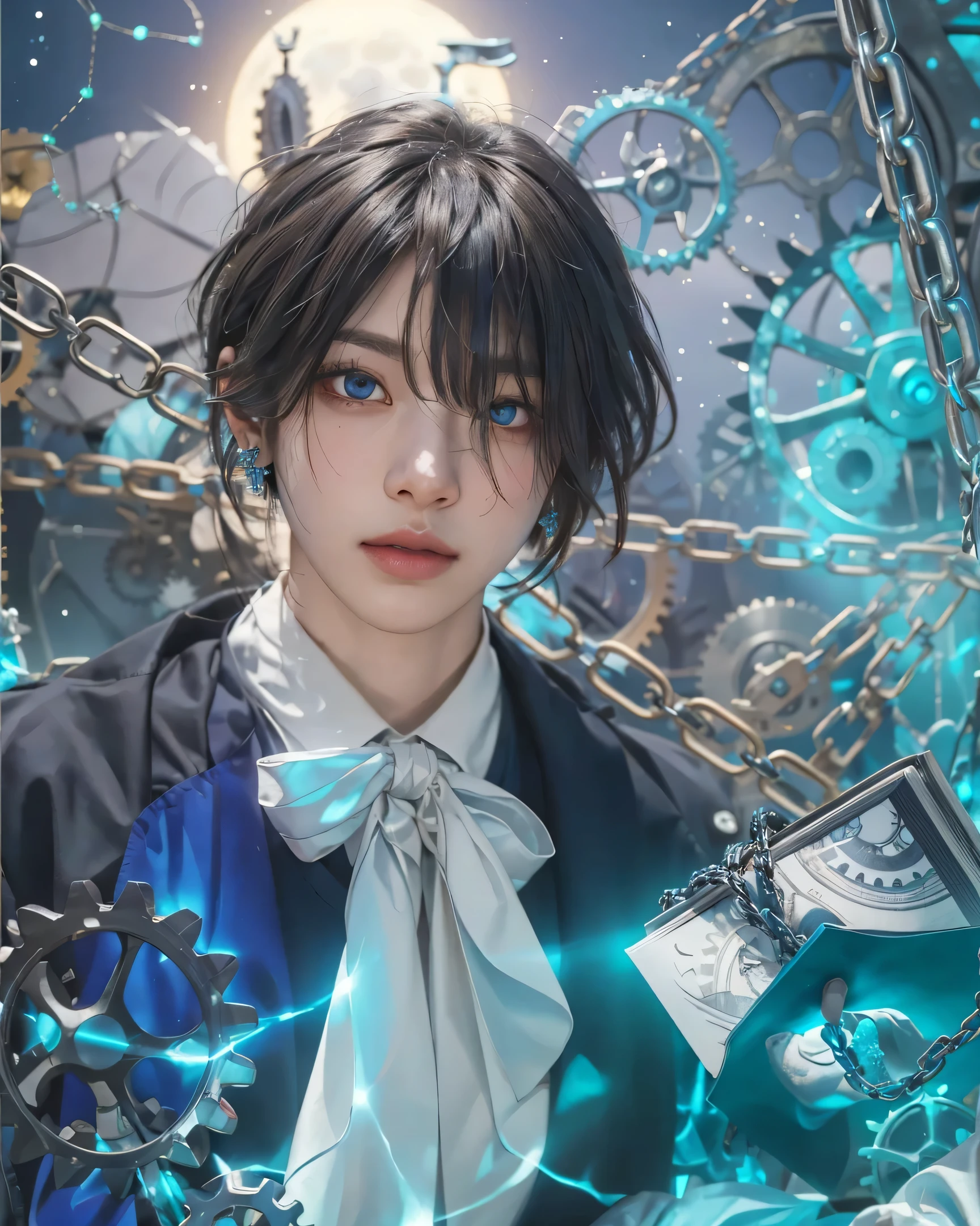 ((VANITAS_ VANITAS NO CARTE),((realistic, photorealistic)),(highlight hair)), Light reflection, (( HD )),((upper body)), (((best quality, masterpiece))), (masterpiece) (best quality) (detail) (8k) (HDR) (wallpaper) (cinematic lighting) (sharp focuasterpiece, best quality: 1.1), Real life adaption of this character, Asian teen beauty face, Shining Purple eyes, realistic outfit, realistic shadow, realistic light, realism, hyper realistic, realistic background,(photorealistic:1.2), 1man,Night palace background with moon, gears, glowing chains, motion blur, earring jewelry, glow effect, VANITAS book wrapped in chains,Foreground blur gears,Blue glowing constellations, moonlight,Blue eyes