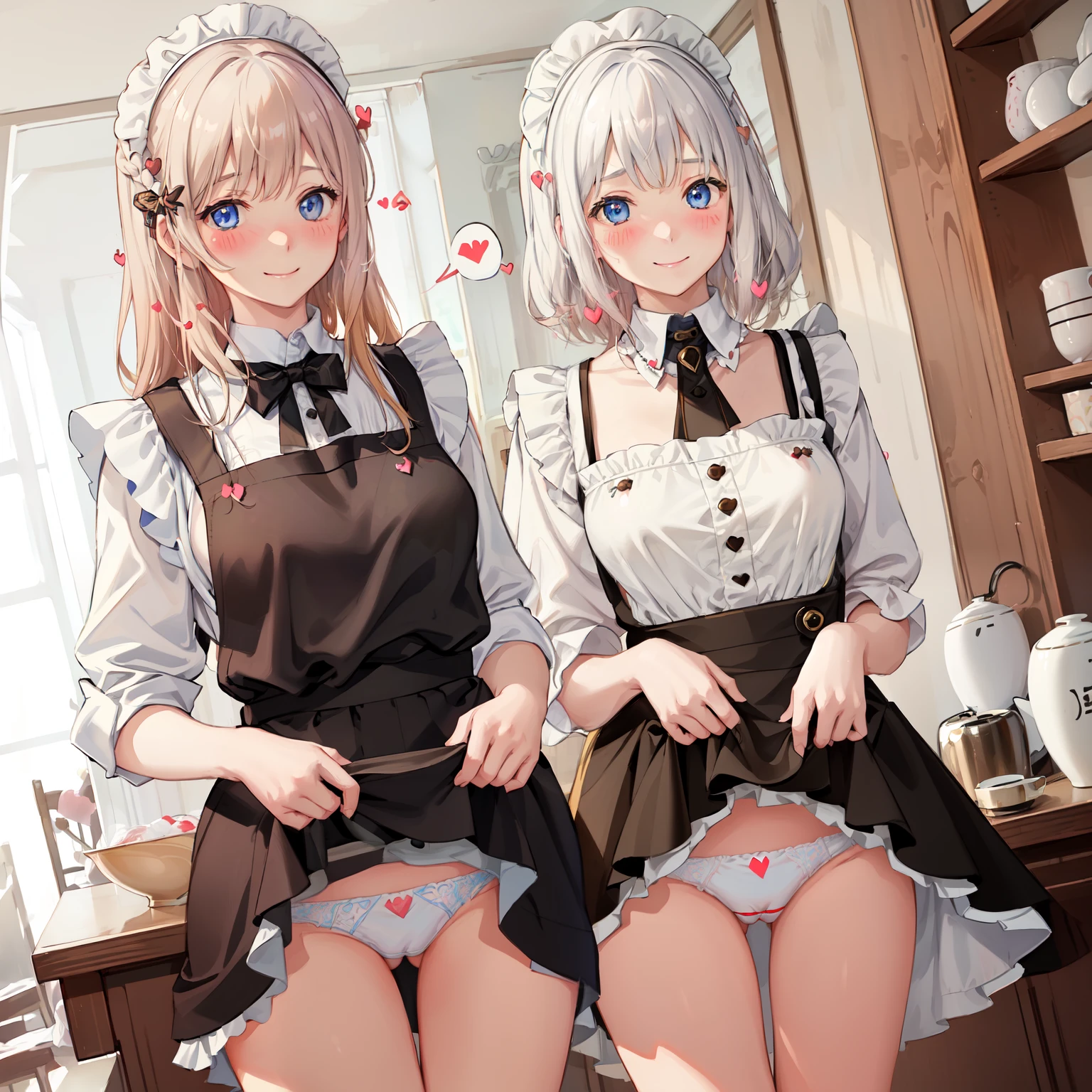 highest quality、masterpiece、((2 girls))、((smile:1.3))、(blush:1.3)、Black Shirt、blouse、((fun!!))、(Small breasts)、()、Blonde、()、((White apron:1.5))、((Maid))、((hair ornaments)),、Kamimei、look at me、 ((in house:1.5))、 Taking a break from watching the audience、Cowboy Shot、(Skirt lift:1.3),(Highly detailed white panties:1.3)、(Highly detailed panties:1.3)、、(スカート that rolls up:1.3)、(Panties fully exposed:1.5)、Light blue eyes、long hair、((spoken heart:1.5))、