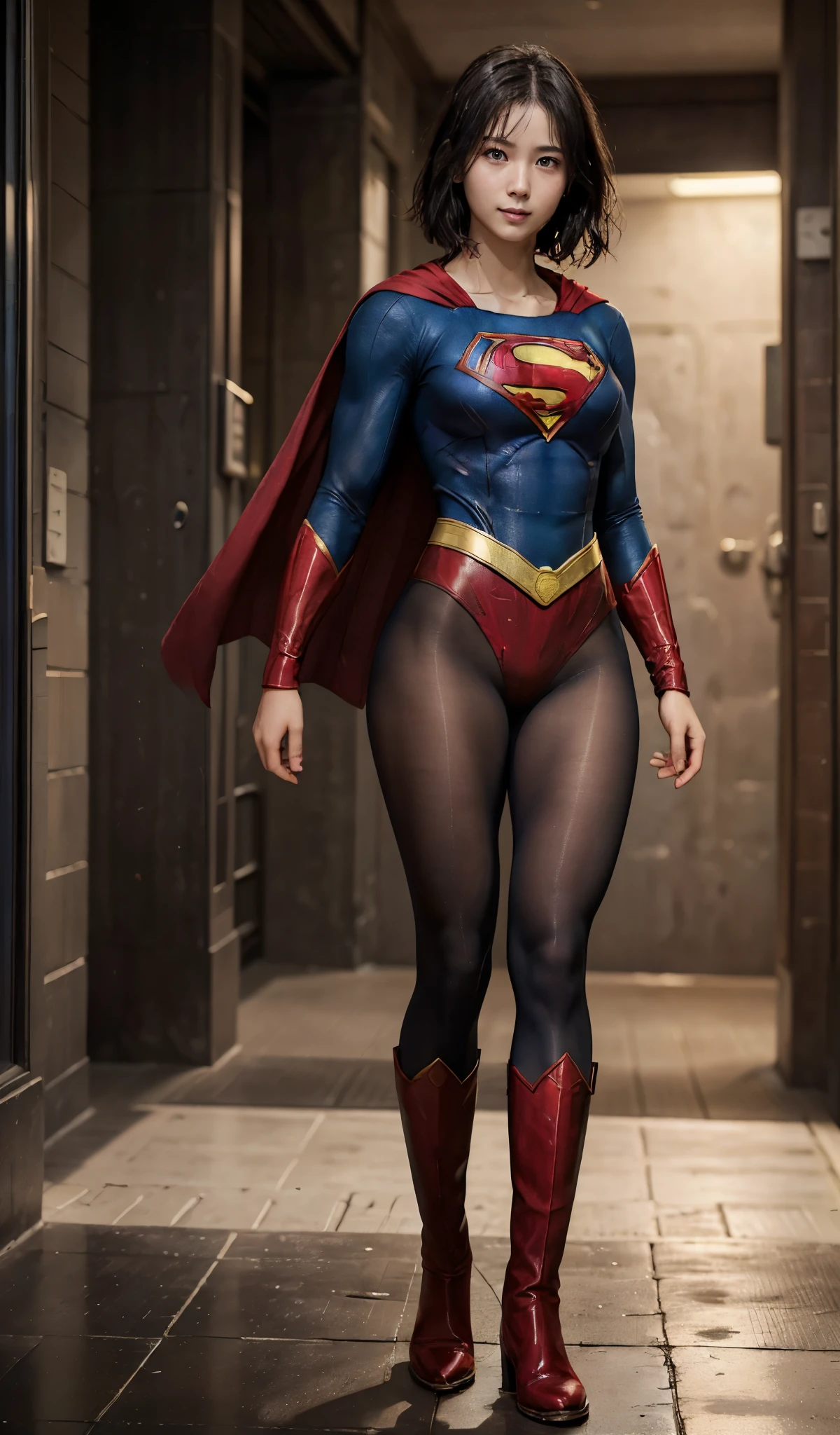No background、(((Beautiful legs in black tights.)))、(((Legally express the beauty of your smile)))、((((Make the most of your original images)))、(((Supergirl Costume)))、(((beautiful short bob hair)))、(((suffering)))、(((Please wear black tights....、Wear red boots)))、((Best image quality、8K))、((highest quality、8K、masterpiece:1.3))、(((Preserve background )))、Sharp focus:1.2、Beautiful woman with perfect figure:1.4、Thin abdominal muscles:1.2、Wet body:1.5、Highly detailed face and skin texture、8K