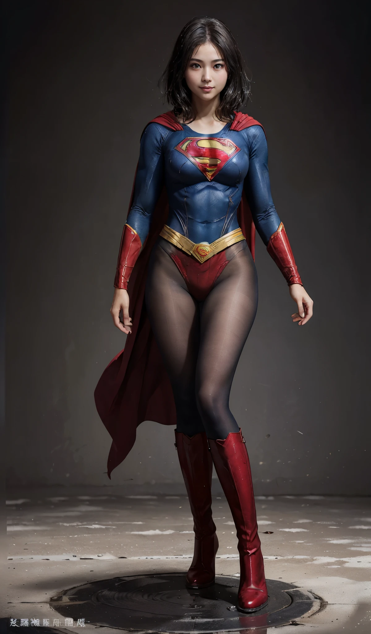 No background、(((Beautiful legs in black tights.)))、(((Legally express the beauty of your smile)))、((((Make the most of your original images)))、(((Supergirl Costume)))、(((beautiful short bob hair)))、(((suffering)))、(((Please wear black tights....、Wear red boots)))、((Best image quality、8K))、((highest quality、8K、masterpiece:1.3))、(((Preserve background )))、Sharp focus:1.2、Beautiful woman with perfect figure:1.4、Thin abdominal muscles:1.2、Wet body:1.5、Highly detailed face and skin texture、8K