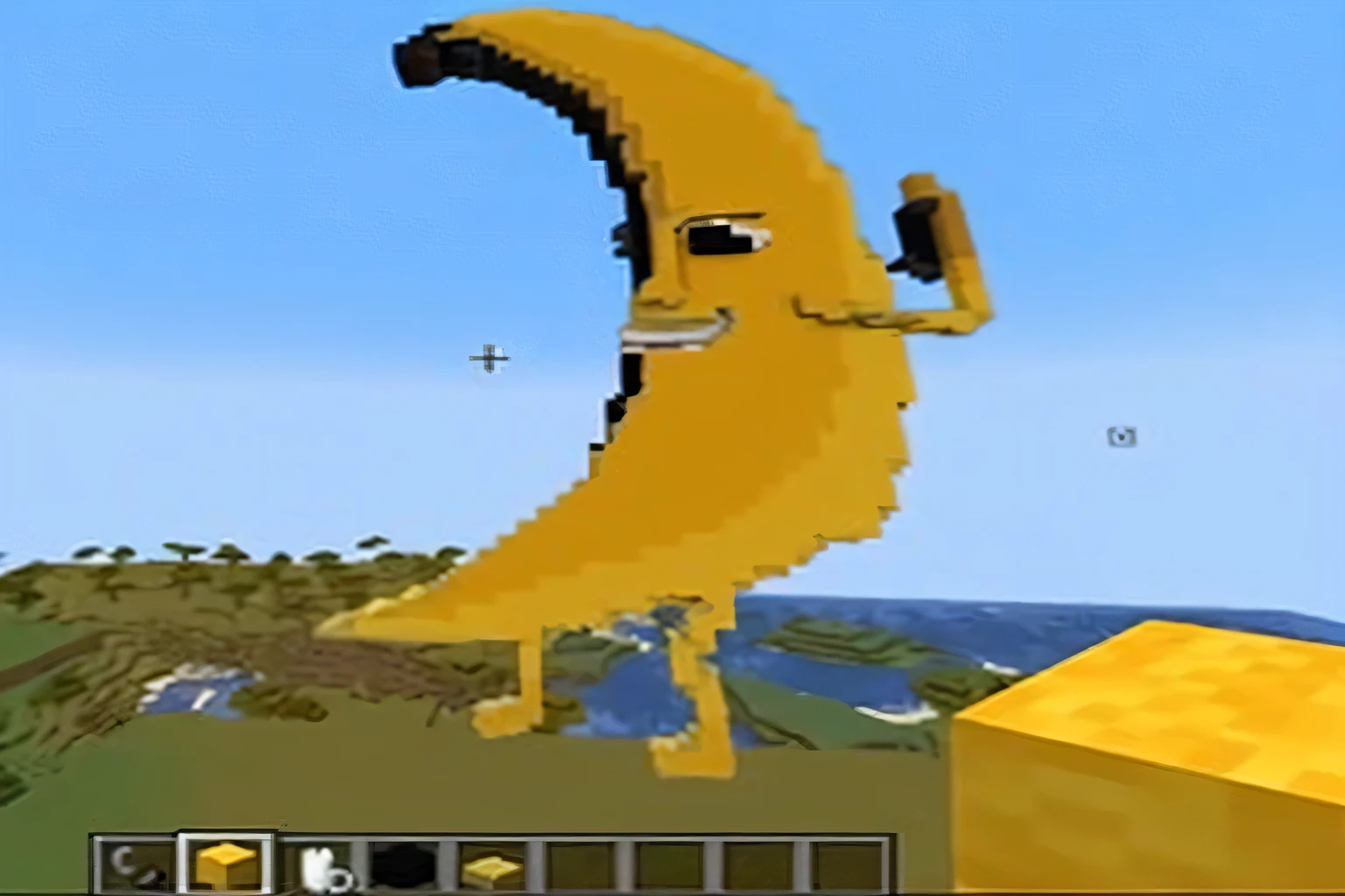 a close up of a banana on a block in a minecraft game, In my world, gigachad In my world, giant bananas natural disaster, It has the texture of lemon peel, homer simpson In my world, minecraft mods, bananas weapon, minecraft style, banana hat, Anthropomorphic cheese wedge, in minecraft style, banana, angela merkel as a banana