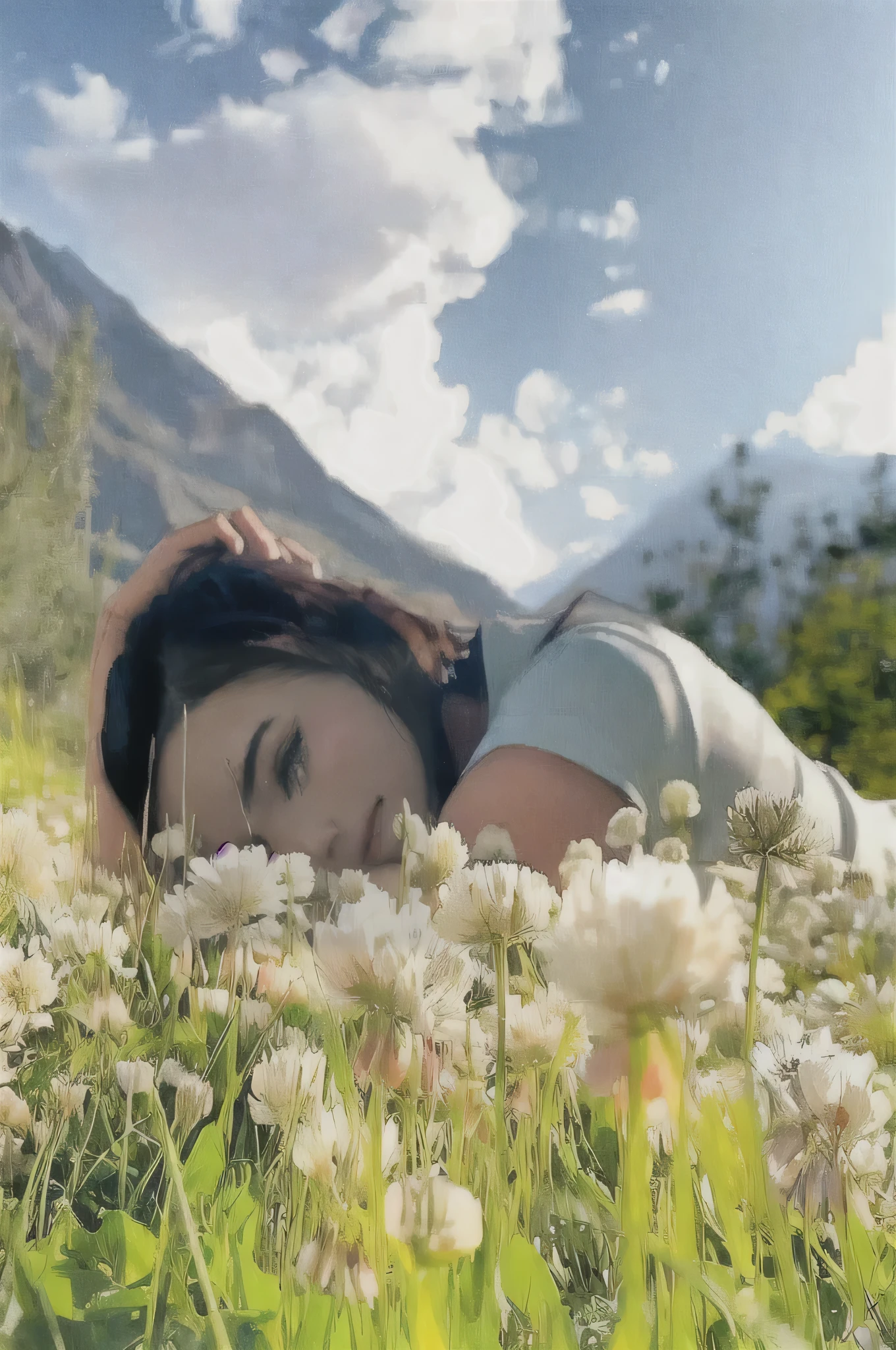 a woman lying on the grass, In nature, with flower, sitting in a flower field, in a flower field, in a field with flower, lying on a bed of daisies, girl in a bed of flowers, In the mountains, sitting with flower, Girl sitting in a field of flowers, a goddess in a flower field