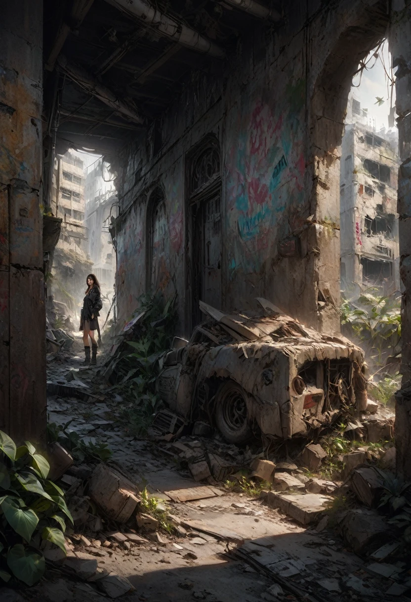 1girl, Post-Apocalyptic Wasteland, Craft a photorealistic, darkly-colored post-apocalyptic depiction featuring a nature-reclaimed city, deteriorated buildings, and a ragged but resistant survivor amongst the ruins. With twilight-esque lighting and additional details like debris, graffiti, or mutated plants, present a sense of time's progression. The concept art style should heighten depth, creativity, and emotional connection, emphasizing desolation and survival.