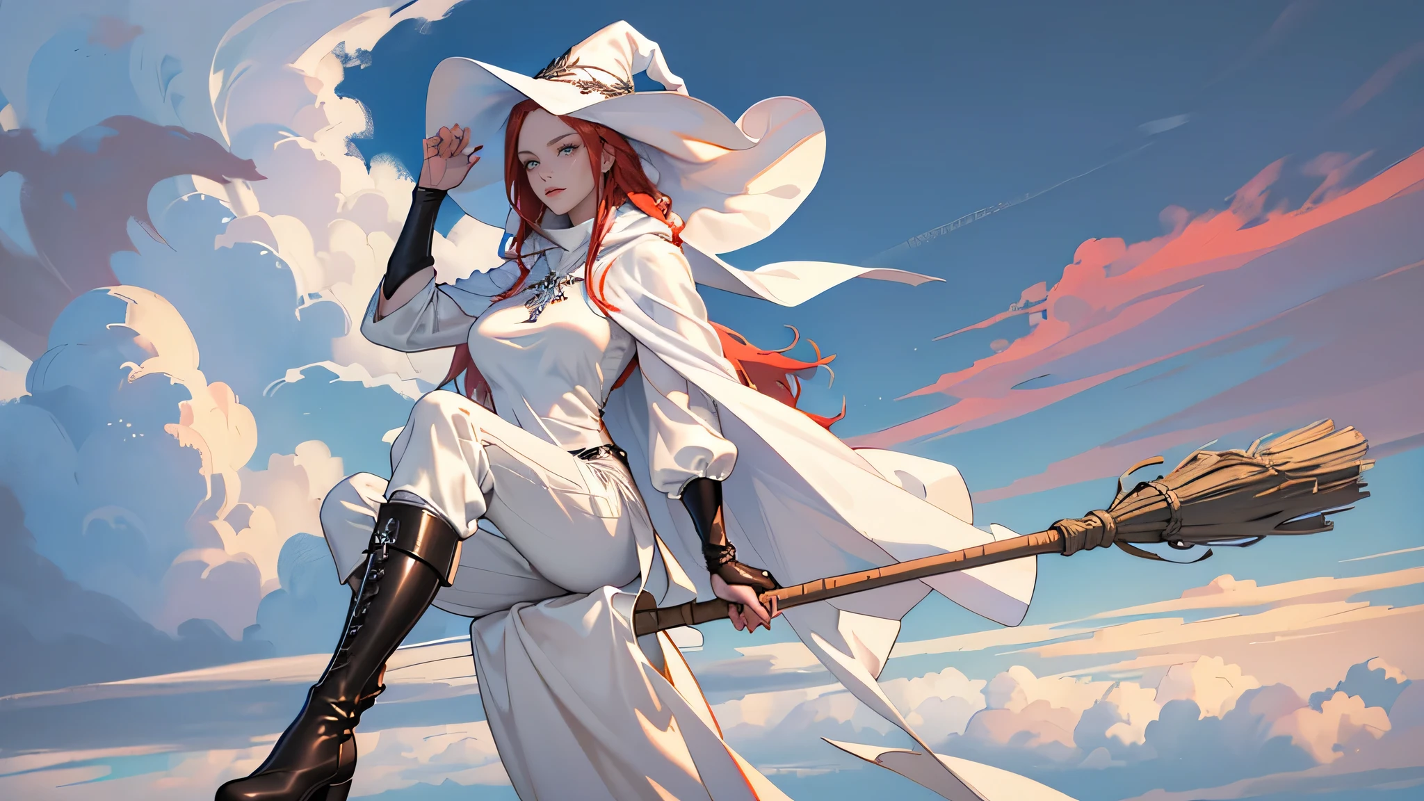 masterpiece, super detailed, 8K portrait, RAW photo, portrait photography, highly detailed face, beautiful and detailed eyes, ((fantasy)), young and beautiful, dynamic pose, (((long red straight hair))), ((witch)), white skin color, luxury, crystal necklace, (((Cloudy white silk long cloak))) fluttering in the wind, (((long one-piece tunic))), (((cropped pants)), (((leather boots))), ((fly in the sky on a magic broom)), midday sun, surreal, body model, big breasts, beautiful breasts, long legs, In the sky, environmental lighting, shadow details , Focus the camera on the thigh, strong wind, light fog