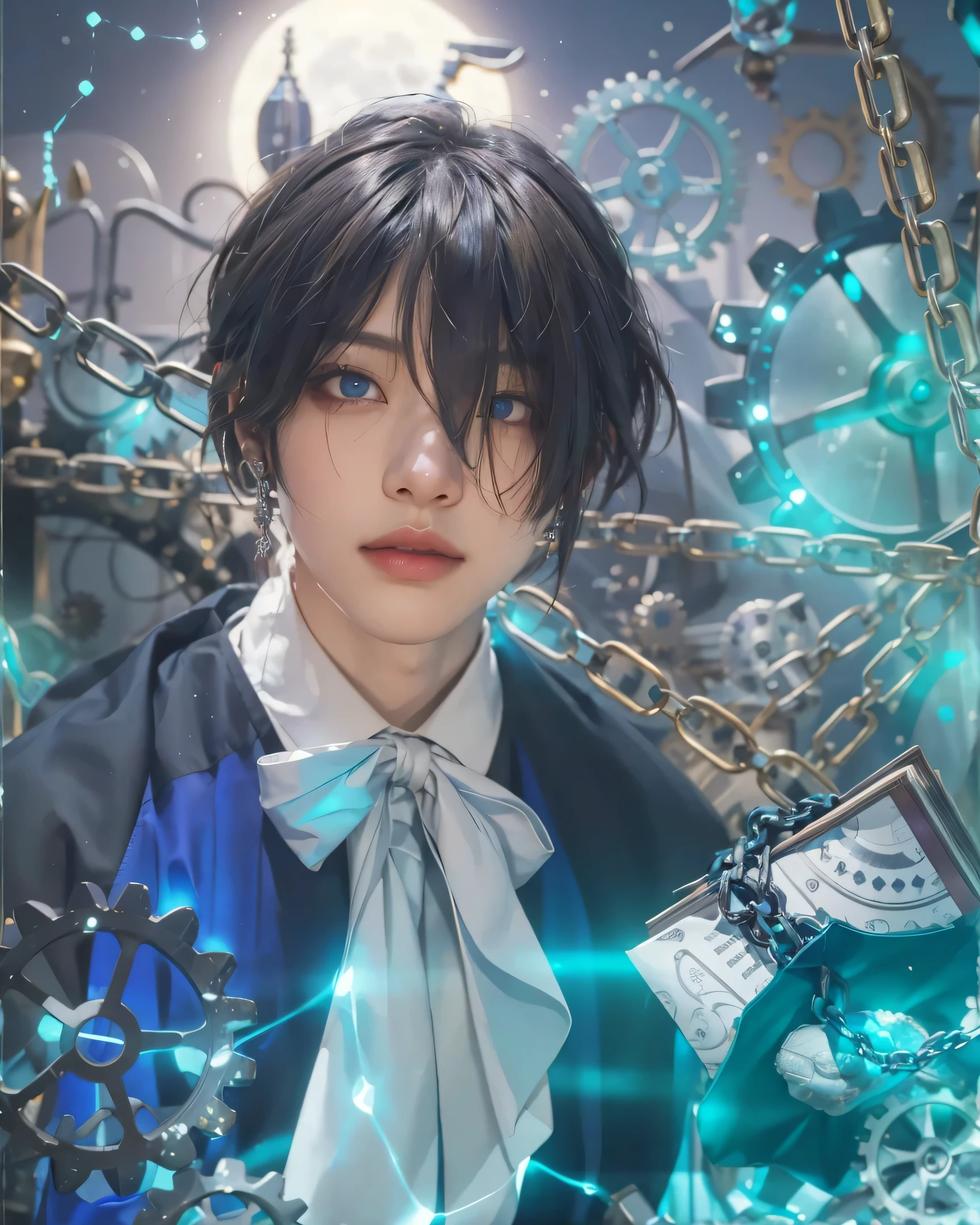 ((VANITAS_ VANITAS NO CARTE),((realistic, photorealistic)),(highlight hair)), Light reflection, (( HD )),((upper body)), (((best quality, masterpiece))), (masterpiece) (best quality) (detail) (8k) (HDR) (wallpaper) (cinematic lighting) (sharp focuasterpiece, best quality: 1.1), Real life adaption of this character, Asian teen beauty face, Shining Purple eyes, realistic outfit, realistic shadow, realistic light, realism, hyper realistic, realistic background,(photorealistic:1.2), 1man,Night palace background with moon, gears, glowing chains, motion blur, earring jewelry, glow effect, VANITAS book wrapped in chains,Foreground blur gears,Blue glowing constellations, moonlight,Blue eyes