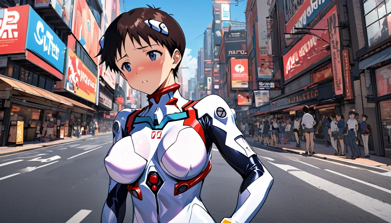 Evangelion plugsuit, male focus, ikari shinji, pilot suit super big breasts breast enlargement blushing standing alone in sci-fi city full-body shot