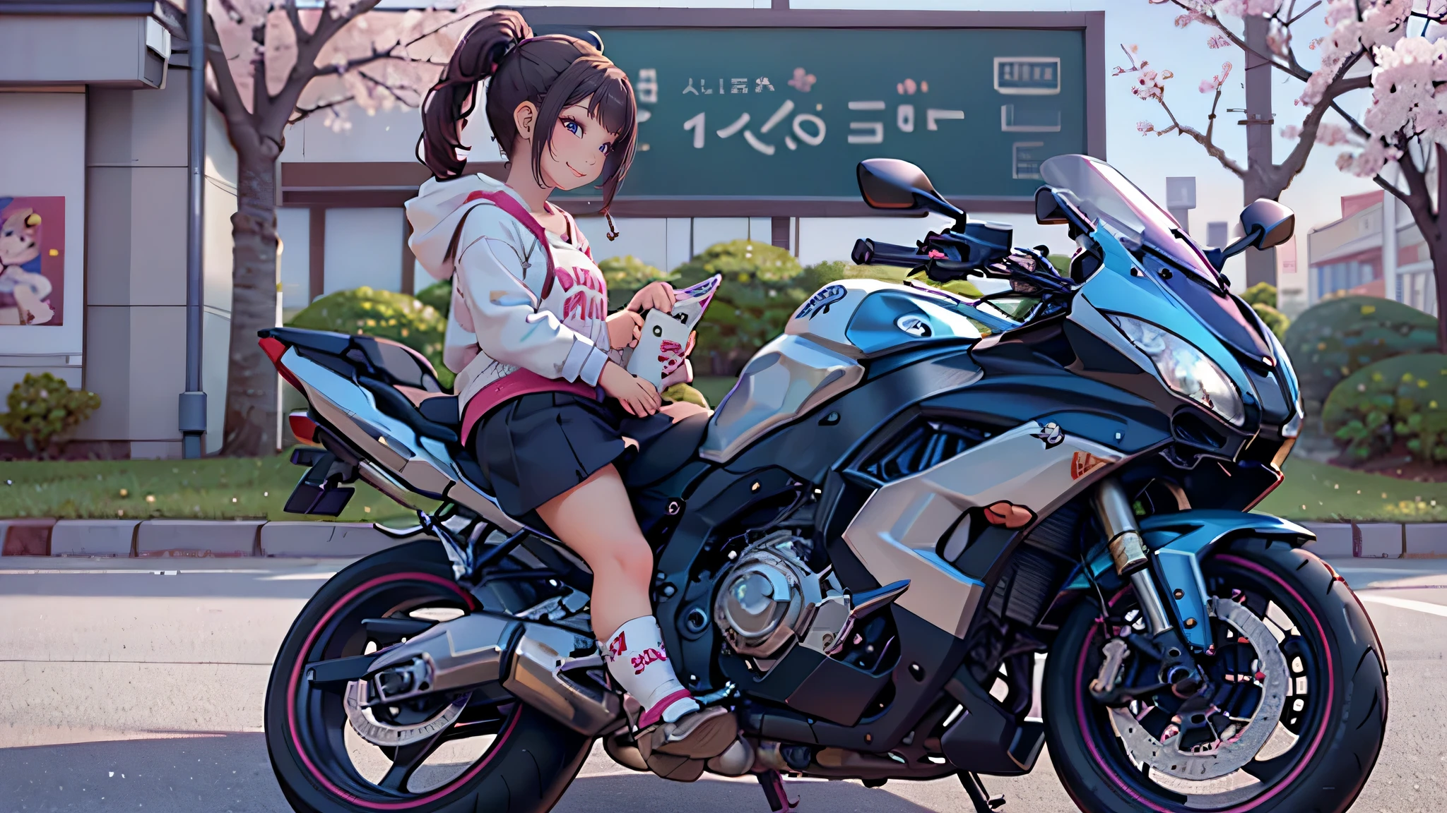 from below,from side,(girl riding a motorcycle:1.2),A park where cherry blossoms dance,high school girl,(random cute pose),(random hairstyle),(Highest image quality,(8K), Ultra-realistic, Best Quality, High quality, High Definition, high quality texture, high detailing, Beautiful detailed, fine detailed, extremely details CG, Detailed texture, realistic representation of face, masterpiece, presence)