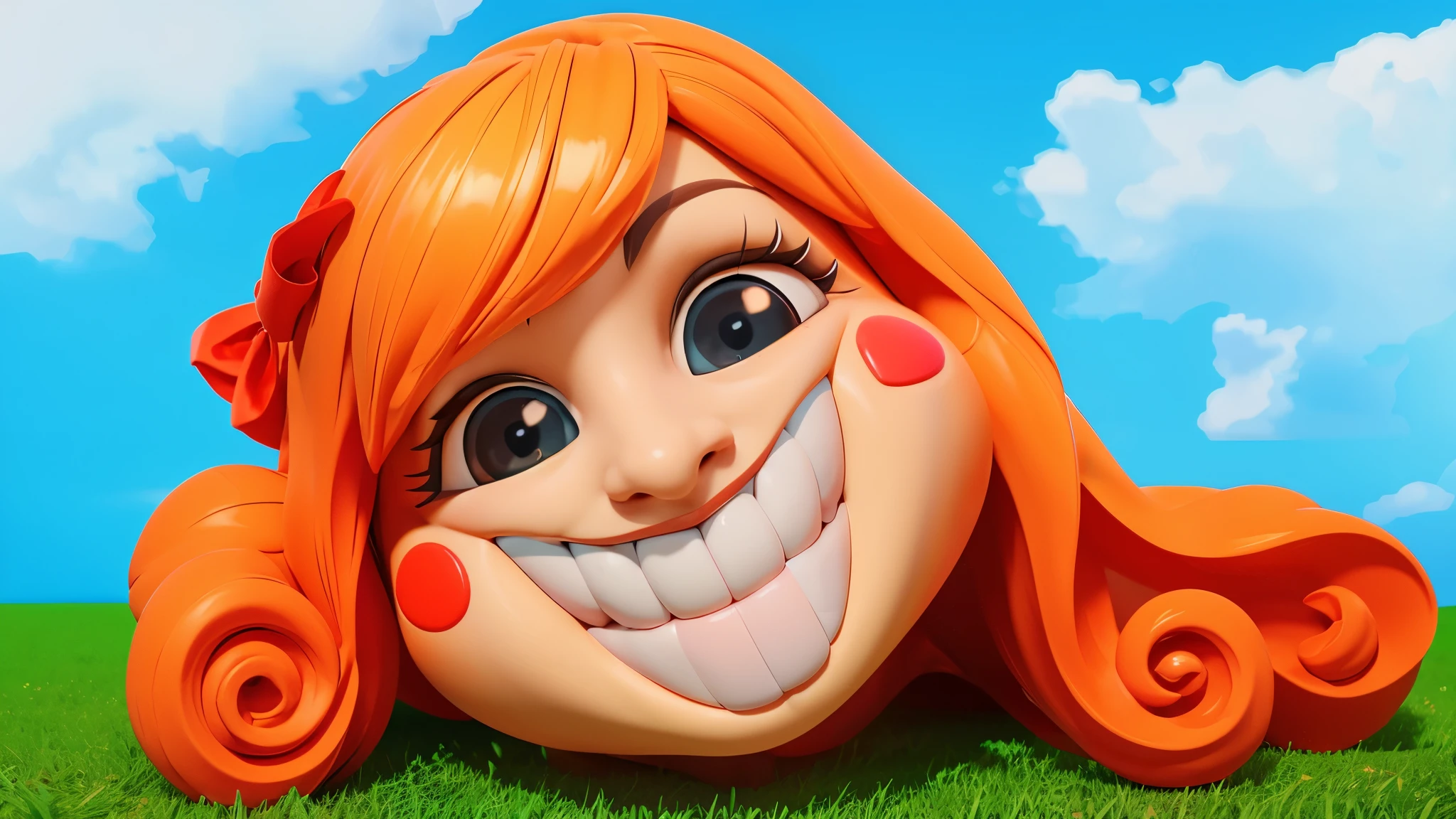 A cartoon girl with red hair and a big smile is lying on the grass with a blue sky in the background. The image depicts a 3D character of a girl dressed in multicolored jester attire. She has a large red bow on her head, and her eyes are wide with surprise. She has her mouth open and appears to be pointing to the left. The background is a solid blue.Stylized 3D, chewing body, stylized character, 3D character, 3rd character A blue character with a hat, a sad face, and a yellow bow tie is standing in front of a door. It has two golden loops around its body. there is a blue-orange daddy long legs in a hat and a yellow rope, iconic character with high detail, 3 d illustration, 3D illustration, stylized digital illustration, art of mobile games, in the elevator, Digital illustration -, Game illustration, mobile game background, 2d digital illustration, evil. Bright colors. Cute, blue daddy long legs toy, glossy texture, smooth 3d model, A character head, wearing a pink dress and a crown, 3D icon for mobile game, cartoon key frame rendering, Cute 3D рендеринг, Friendly cat, zbrush color rendering. perfect cgi, cgi art created only with gradients, smooth silhouette, high intensity refraction, (plastic material), most beautiful vfx, blue background, plastic refractions, pink mommy long legs toy, smooth 3d model, multiple light sources, rim light, sharp post effects render, (gplastic texture with multiple big light probe refractions), perfect cgi, cgi art created only with gradients, smooth silhouette, high intensity refraction, (plastic material), most beautiful vfx, blue background, plastic refractionsмультяшная Young woman в красной юбке и синей рубашке, Чаки style, animated character, dancing character, 3rd character render, April render, 3rd character art, 3rd character, 3D character, cartoon character, Young woman, 3D rendering of characters 8k, Tuni, 3D rendering stylized
