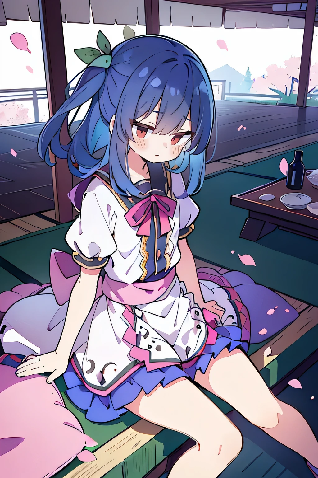 (best quality, masterpiece:1.2), expressive eyes, perfect face, 1 girl, hands on waist, beautiful, gorgeous, Japanese animation, Lola, Hinamori Angel, blue hair, floating clothes, waist grab, waist grab, hands on hips, sitting, sitting on the ground, legs on the ground, flat-chested, falling petals, sitting in a pavilion, pavilion.