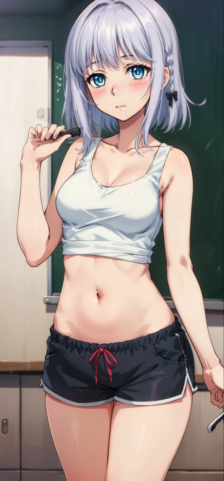 1 girl, kanon kanase,  , blush, medium breasts, sleeveless, classroom, cowboy shot, cropped tank top, navel, shorts 