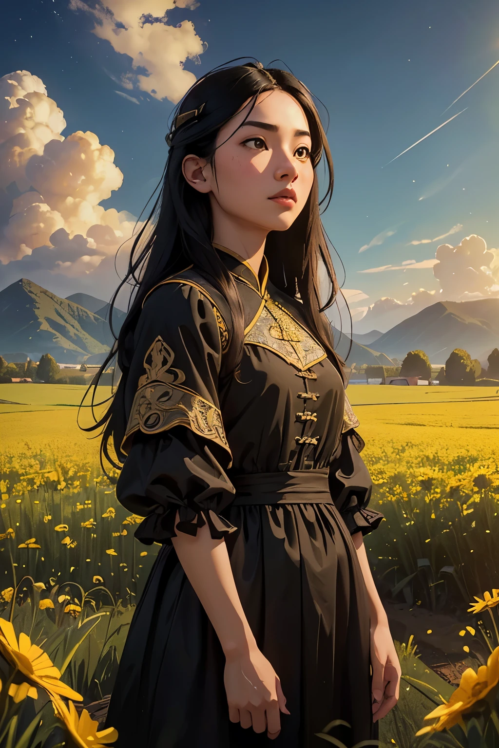 (Realisticity: 1.3), Fine, Quality, Rembrandt Lighting, (Masterpiece: 1.2), (Realisticity: 1.2), (Best Quality), (Skin Details: 1.3), (Intricate Detail), Dramatic, Idyllic, Ray Tracing, 1girl, Chinese Yellow Girl, Long Black Hair, 24 years old, Modern Clothing (Meadow, Sun, Clouds, Fields, Farms, Starlight, Trails)