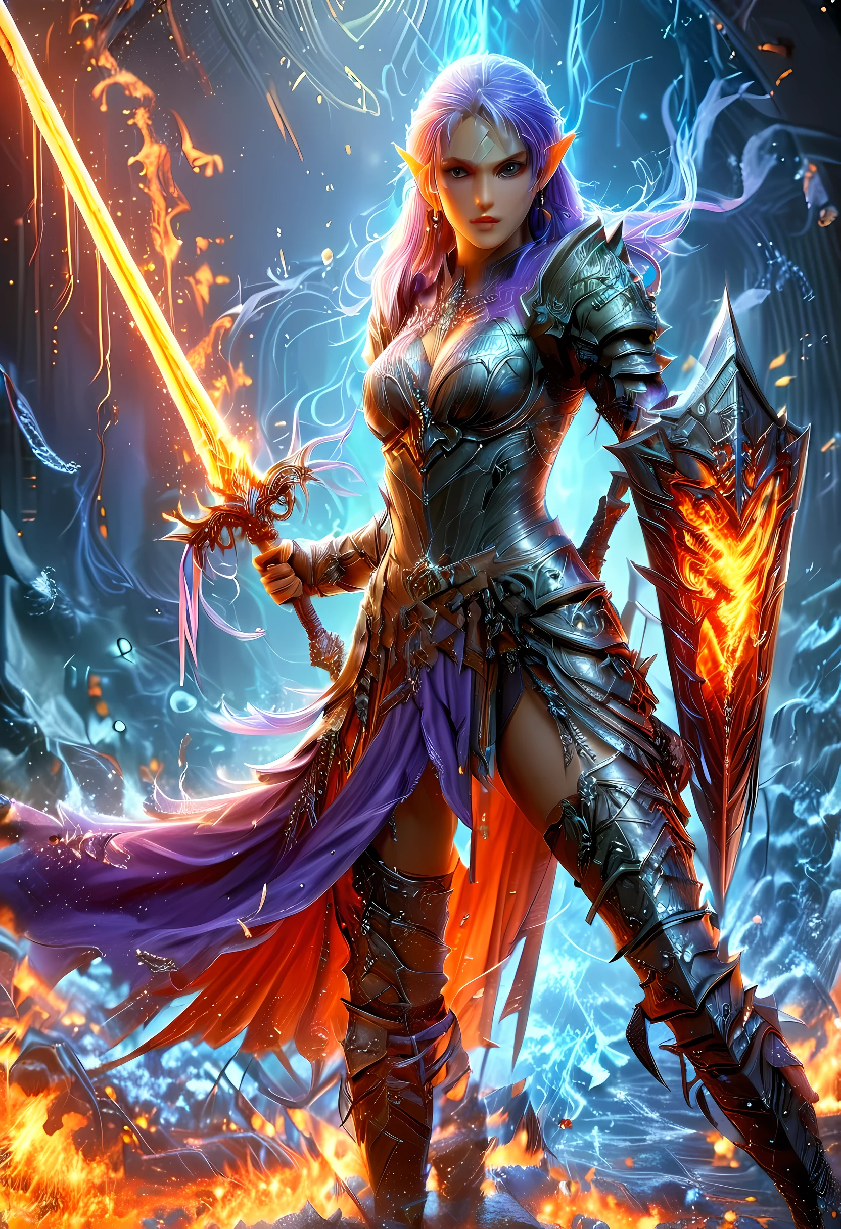 a picture of a female elf (intense details, Masterpiece, best quality: 1.5) fantasy swashbuckler, fantasy fencer, armed with a slim sword, shinning sword, metallic shine, colorful clothes, dynamic clothing, an ultra wide shot, full body (intense details, Masterpiece, best quality: 1.5)epic beautiful female elf (intense details, Masterpiece, best quality: 1.5), rich hair, braided hair, small pointed ears, Sword and shield, GLOWING SWORD [colorful magical sigils in the air],[ colorful arcane markings floating] (intricate details, Masterpiece, best quality: 1.6), holding a [sword] (intricate details, Masterpiece, best quality: 1.6) holding a [sword glowing in red light] fantasy urban street (intense details, Masterpiece, best quality: 1.5),  purple cloak, long cloak (intense details, Masterpiece, best quality: 1.5), sense of daring, sense of adventure,  high details, best quality, 8k, [ultra detailed], masterpiece, best quality, (extremely detailed), dynamic angle, ultra wide shot, photorealistic, RAW, fantasy art, dnd art,fantasy art, realistic art, DonM3lv3s