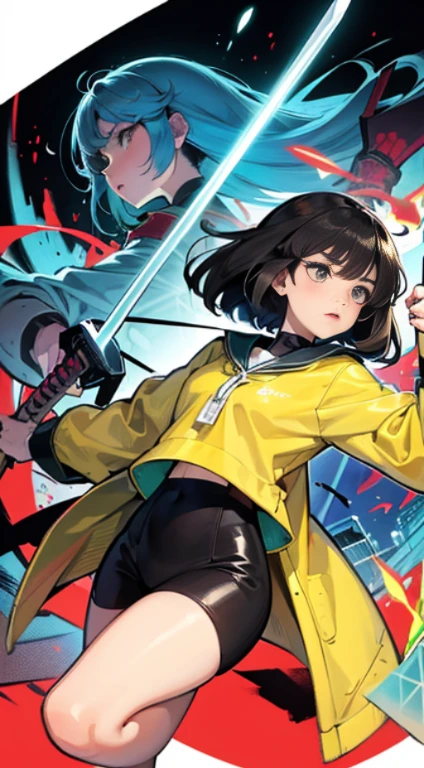 (Rough illustration), [The screen composition is comic-style, The entire screen is printed, Paper Textured Screen, Ink Textures], [(1960s-style cartoon heroine), (Blue and yellow and black tight fit suit), (Katana and)], [dynamicposes, (Slash the entire screen with a sword!!!!!)], Cartoon panel layout, Thick contour lines, Gradients are represented by dot screens, Shadows are represented by a large dot screen, Red×Blue× Yellow×Black
