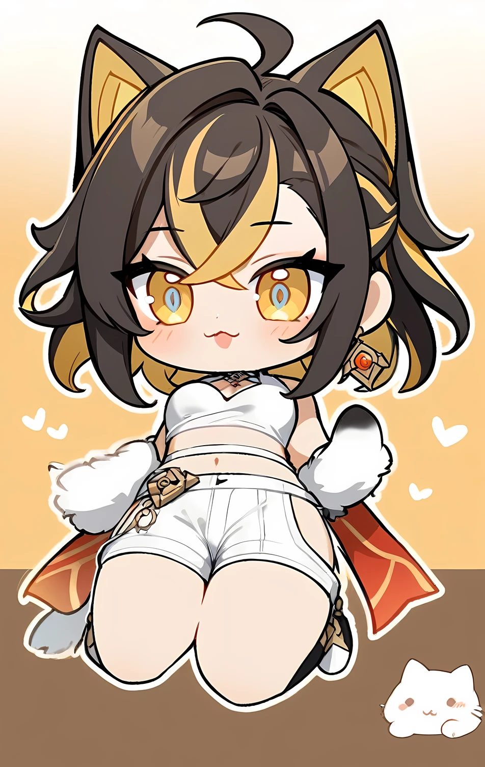 1girl, dehya from genshin impact, wearing cropped tank top, wearing plain white cropped tank top, cropped tank top, white cropped tank top , open crotch, white, white overall,  chibi version, cute cat ears
