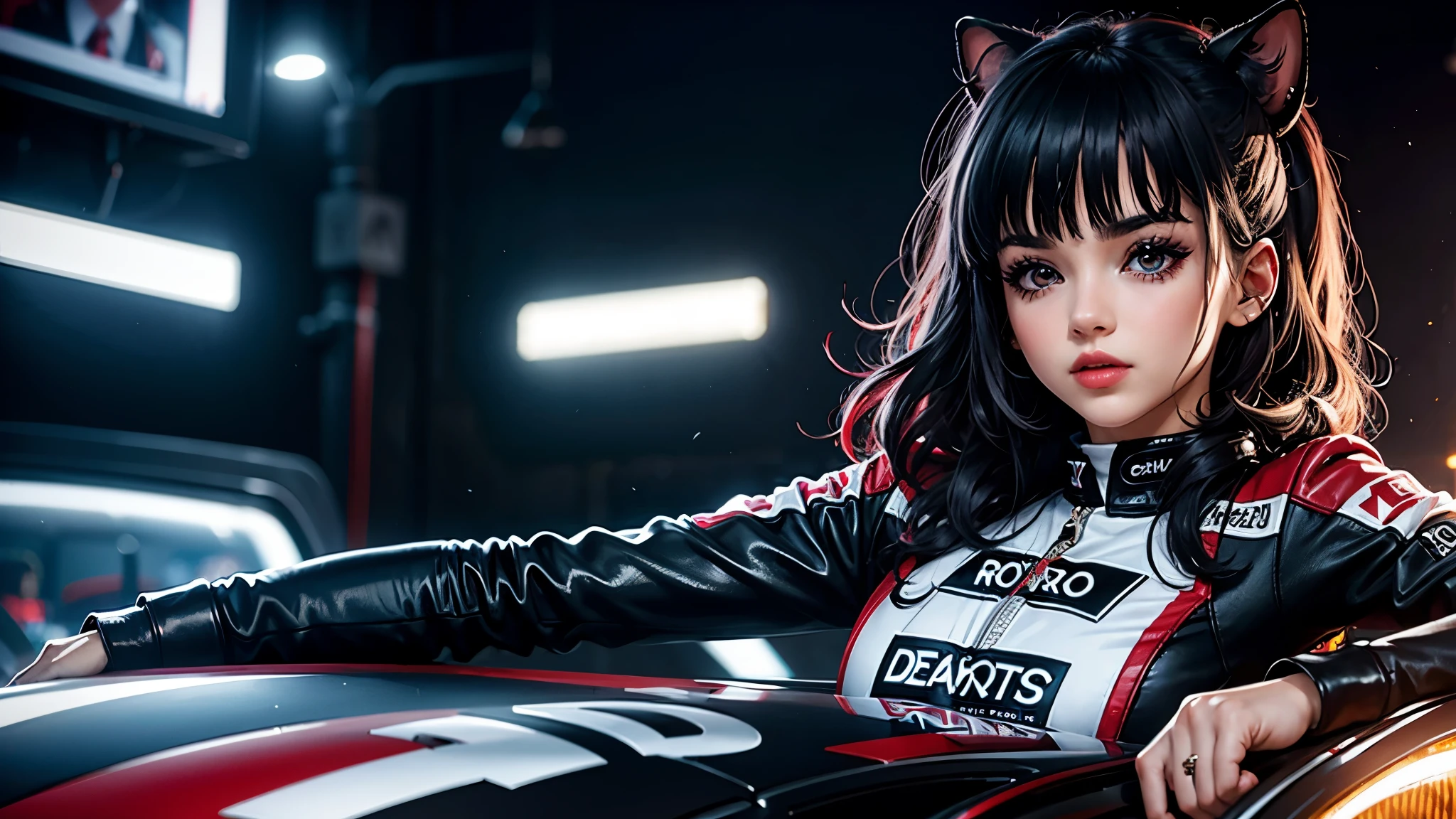 A girl leans on a car. , piloto de carrera, piloto de carreras, Flame retardant racing suit, Hippodrome at night, neon lights , focos, cara sonrojada , Cabello oscuro y orejas de gato, Sombra,,labios rojos, cabello brillante (mejor calidad:1.1), (Obra maestra:1.4), 1 chica, (pelo volumineux)+ , ((pelo)++, pelo longs , (ojos rojos) , peau brillante, brillant, Coche detallado, high resolution, buenas proporciones