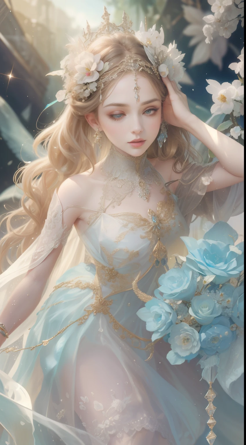 a goddess in a magical fantasy dress and captivating pose, sit on a grass under a magical night sky, surrounded by glowing butterflies and fireflies, depth of field, real skin texture, best picture,