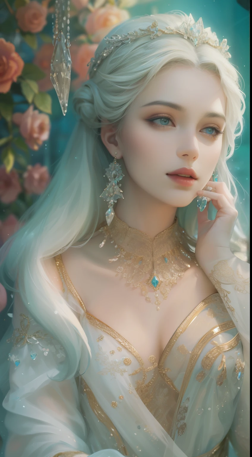 best quality,8k,high resolution,masterpiece:1.2),Super detailed,(Practical,Reality,Photo-realistic:1.37),portrait,Creative style artwork,,classical,complicated,multiple colour,Very detailed,soft light,Luxurious environment,Exquisite fairy flowing dress,Bright flowers,detailed jewellery,Ethereal atmosphere,Elegant Posture,Beautiful curves,golden body proportions，White long hair，Cyan eyes，Flowing hair,Stunning textile patterns,Delicate floral decoration,A dazzling array of crystal accessories,Mysterious and dreamy atmosphere,Impeccable attention to detail.