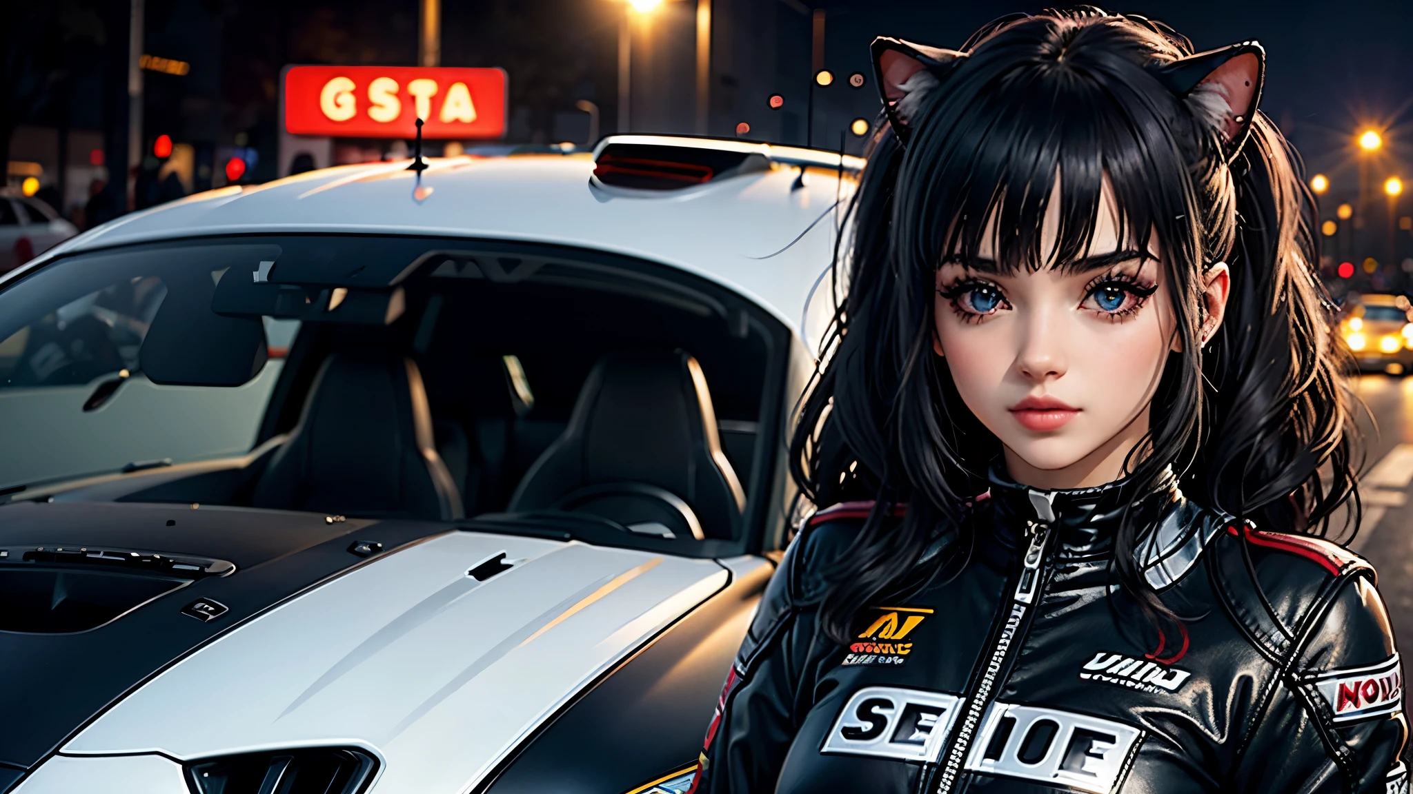 A girl leans on a car. , piloto de carrera, piloto de carreras, Flame retardant racing suit, Hippodrome at night, neon lights , focos, cara sonrojada , Cabello oscuro y orejas de gato, Sombra,,labios rojos, cabello brillante (mejor calidad:1.1), (Obra maestra:1.4), 1 chica, (pelo volumineux)+ , ((pelo)++, pelo longs , (ojos rojos) , peau brillante, brillant, Coche detallado, high resolution, buenas proporciones