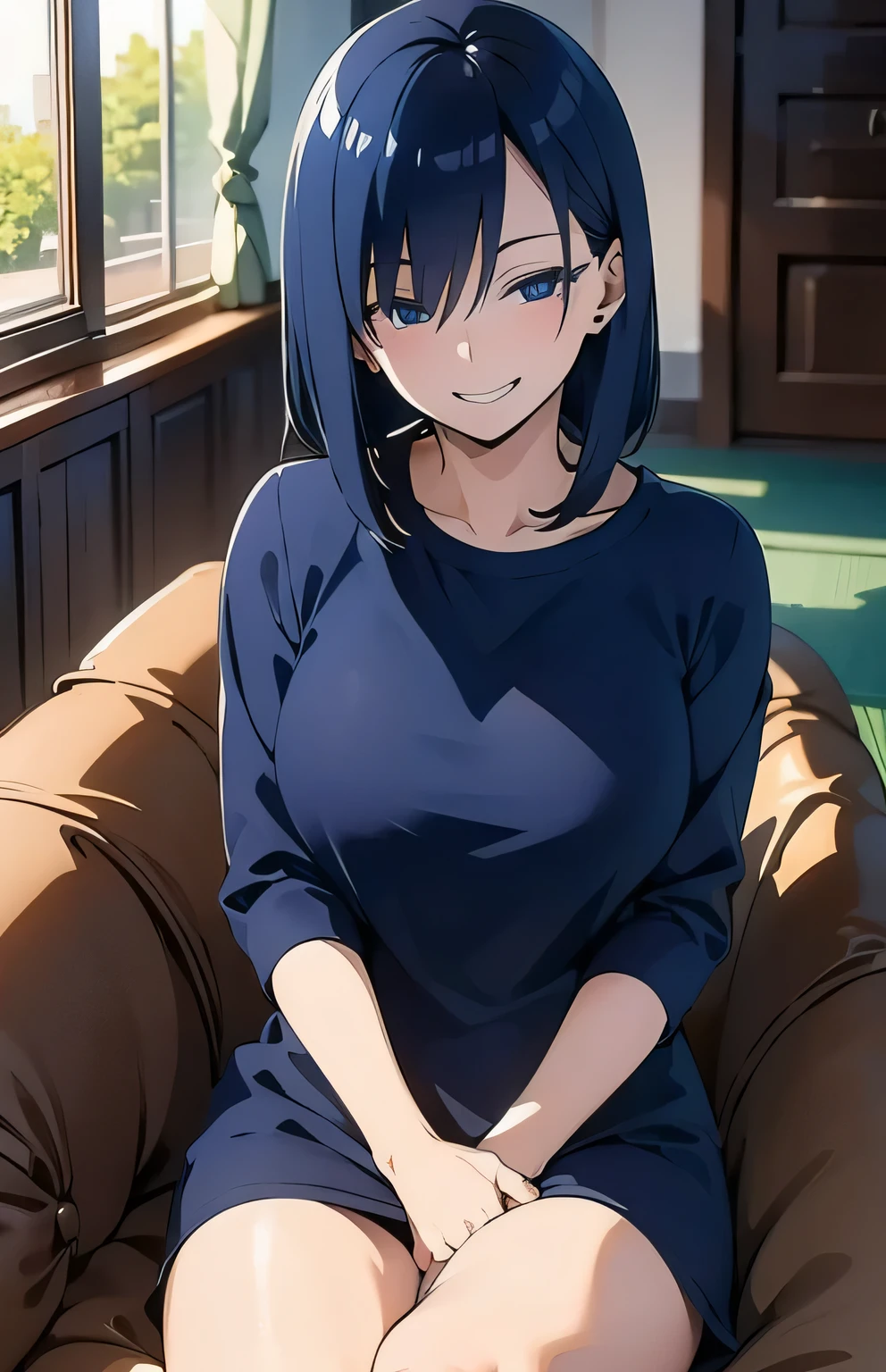 Navy Blue Hair、(Wicked Smile:1.4)。Front view、living room、Sit on the sofa、(Women on their period, older sister, Big Breasts:0.8)、Slim Body。micro mini dress、