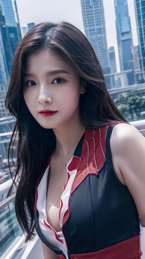 Her with a series face , spider women , cut at cleavage, on a building,(8k) high quality 