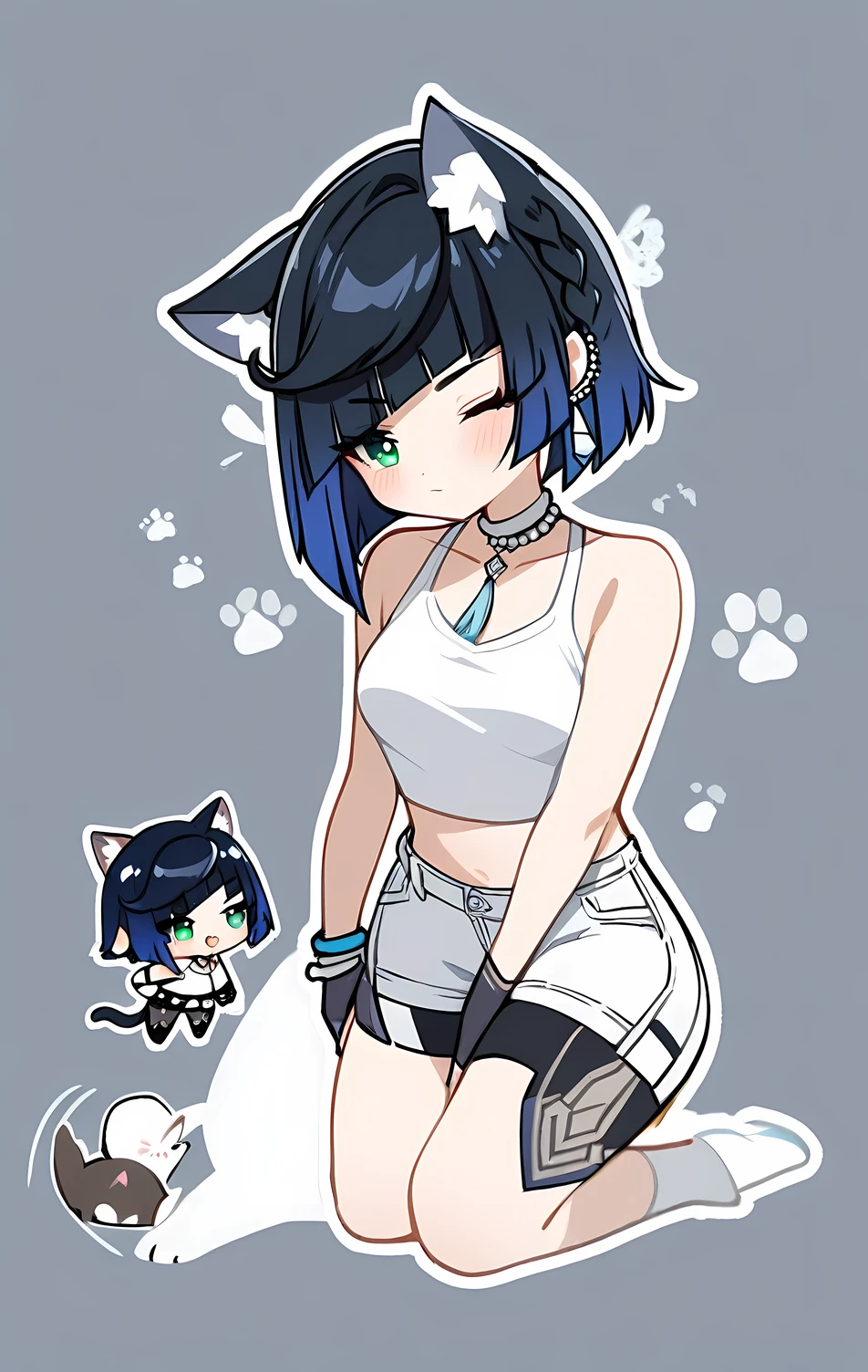 1girl, Yelan from genshin impact, wearing cropped tank top, wearing plain white cropped tank top, cropped tank top, white cropped tank top , open ??????, white, white overall, chibi version, cute cat ears