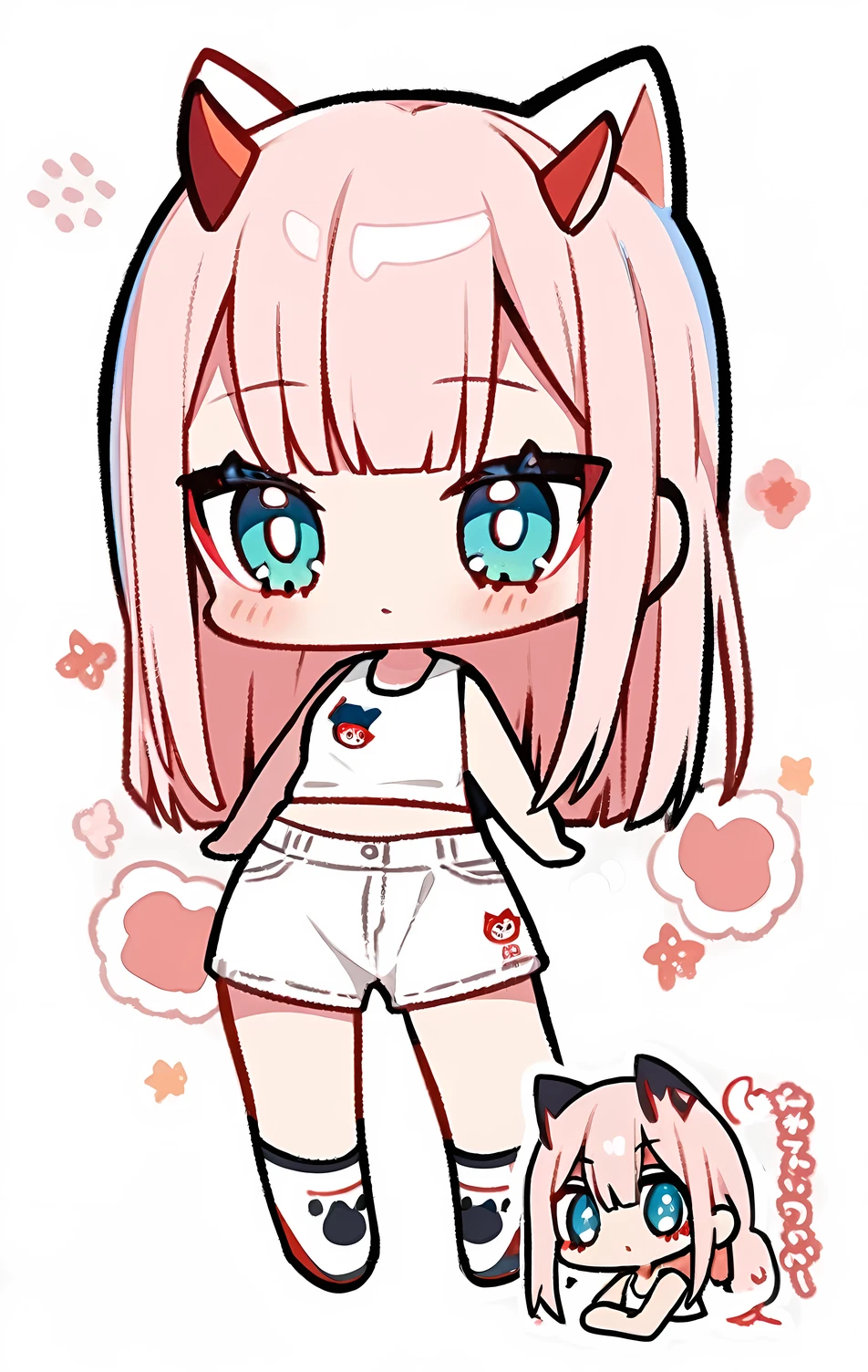 1girl, zERO TWO from anime darling in franxx, wearing cropped tank top, wearing plain white cropped tank top, cropped tank top, white cropped tank top , open crotch, white, white overall,  chibi version, cute cat ears