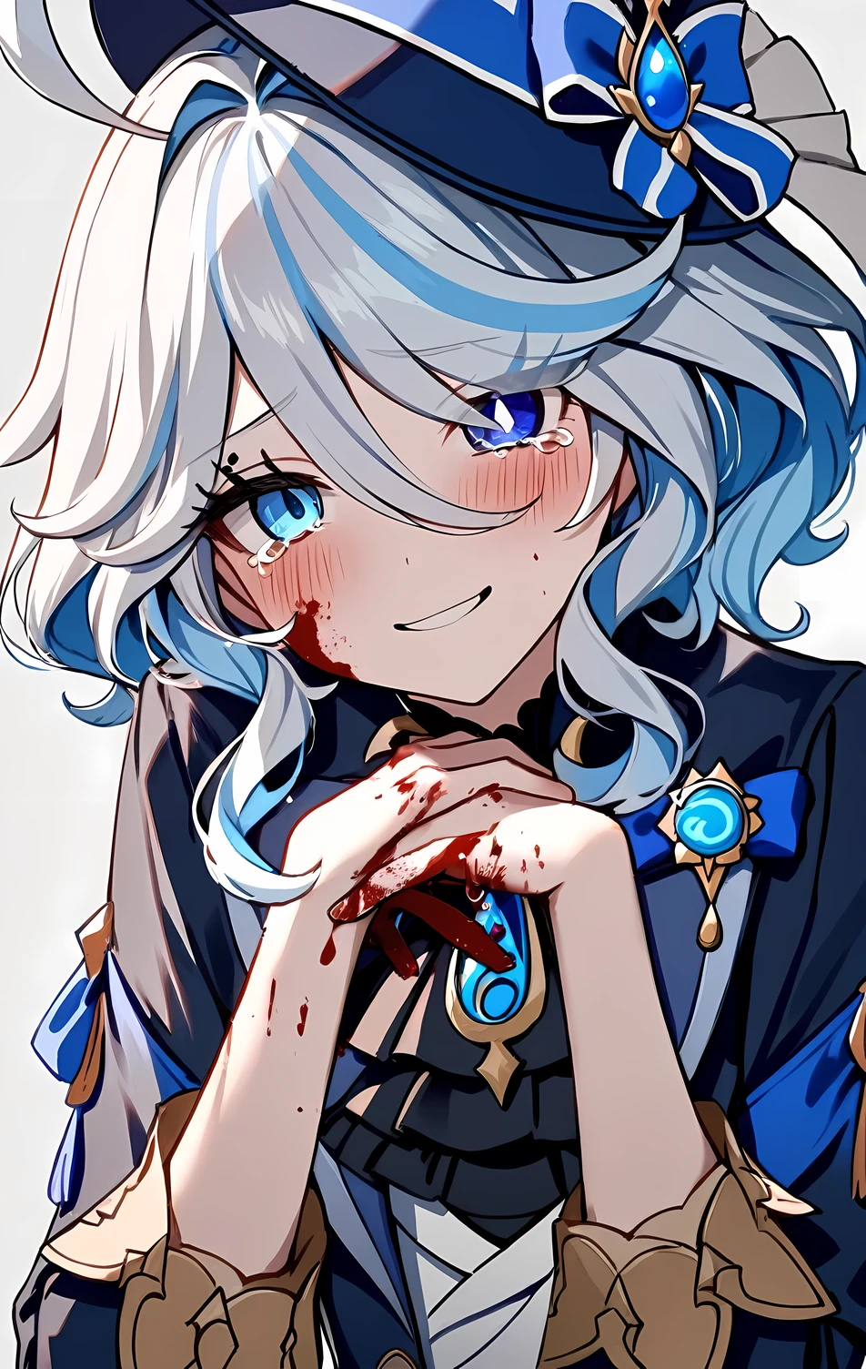 1girl, Furina from genshin impact, Yandere, yandere smile, blood on hands, dark,solo,tears
