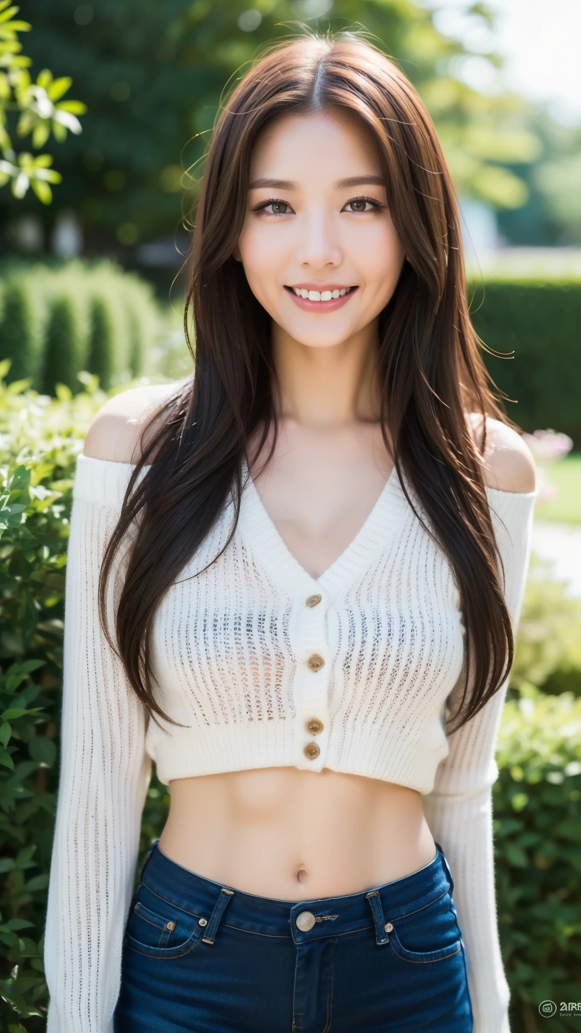 ((highest quality, 8k, Sharp focus, 35mm lens, masterpiece: 1.2, Natural light, Ultimate Girl, Highly detailed facial textures)), (Shoulder knit sweater), (hot pants), (garden: 1.2 )), chest, Highly detailed facial textures, Detailed beauty makeup:1.2, double eyelid, Highly detailed skin, belly button, Grin, Medium Hair, View your viewers,