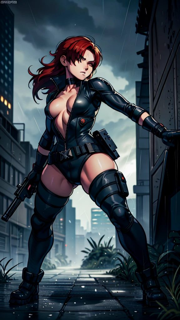 (masterpiece), best quality, expressive eymasterpiece, high-detail, sketch, dino crisis, [solo female], (aim pose, fight with raptor, holding mp5, holding weapons), black bodysuit, gray fabric layer under bodysuit, 30 year, bare shoulders, tactical fingerless glove, best quality, masterpiece, best quality, finely detail, beautiful detailed eyes, ultra detailed, extremely beautiful CG, super detailed skin, best quality, intricate, {{high quality}}, extra colors, 2D, megapixel, perfectionism, accent lighting, full HD, 4K, sukeban, sukeban deka, delinquent,) (1girl, full body, 1girl, solo female, mature female, full body, contrapposto, big boss metal gear, the boss metal gear, Escape from New York, akira, blade runner, die hard, metal gear solid v, snake plissken, rex power colt, Far Cry 3 Blood Dragon,) ( collarbone, red hair, red eyes, short hair, weird red hair, short red hair, evil smile, small_breasts, best quality, beautifully detailed face, ray tracing, DOF,HDR, smoking) (fingerless_gloves,  fully clothed, gloves, cigarette, jacket, eyepatch on one eyes, eyepatch on the left eyes, tactical gear, tactical uniform, camouflage bodysuit, sneaking_suit) gainax anime style, studio gainax art, studio gainax illustration,inspired by Masamune Shirow, studio gainax, by Masamune Shirow, beautiful charcter from evangelion (outdoors, (night:1.1), military base background, radio tower background, science fiction background, futuristque background , outdoor, akira city sky line background, official art, raining, rain, storm, science fiction military base background), perfect face, 