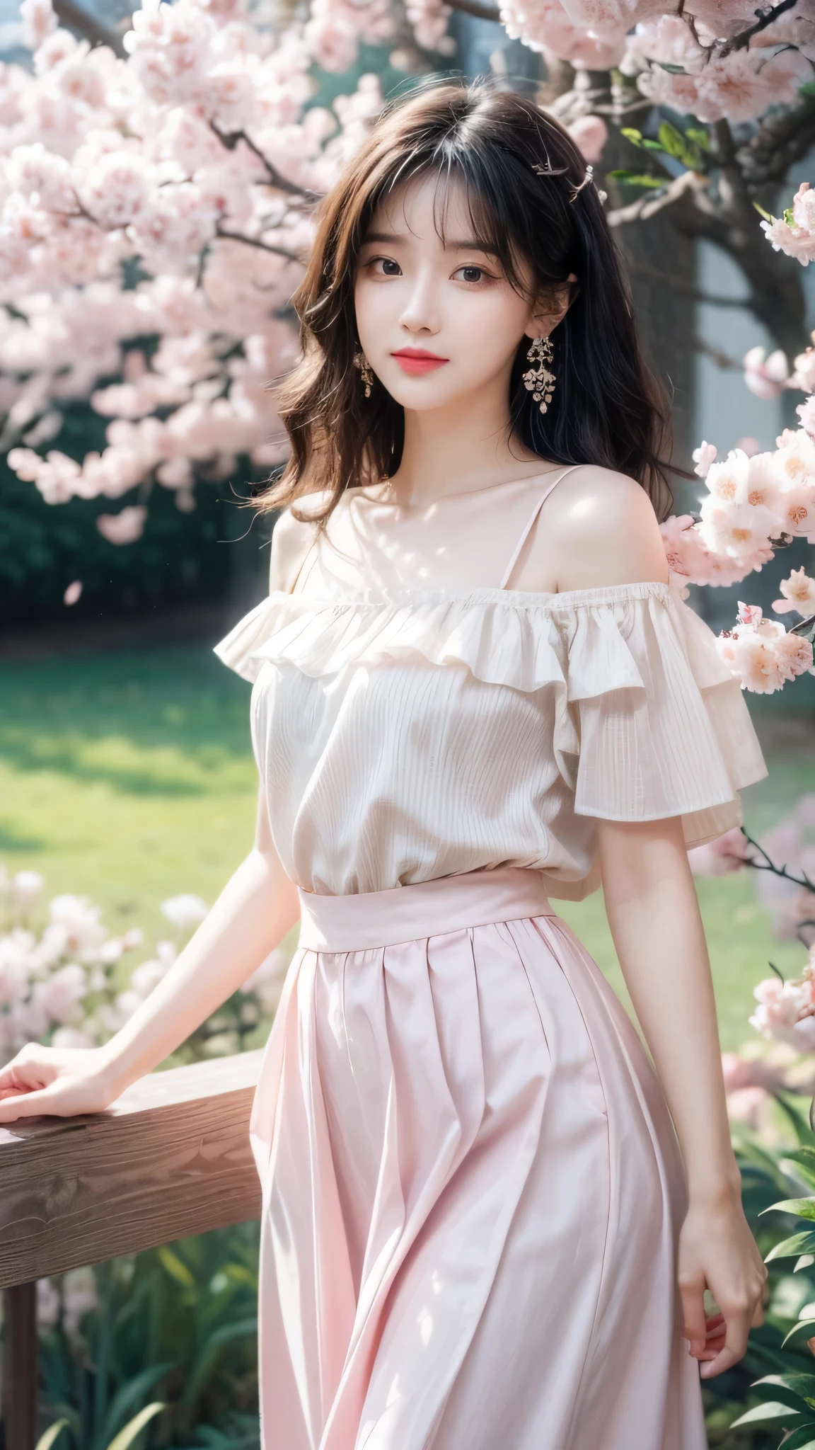 art by Cornflower, dream, cherry_开flower, come down_flower petals, flower petals, Branches, Pink_flower, 1 Girl,20 years old, blue_Sky, spring_(seasexist), flower petals_exist_liquid, flower, See you at flower, skirt, (Lexistg blexistd curly hair:1.5),Wearing a wreexisth,Sky, outdoor, cloud, Bangs, Smile, Pink_Eye, White skirt with cherry blossom embellishments, only_Shoulder, earrings, Keep_flower, Wind, Tree, Watching_exist_Viewer,Cowboy shooting,