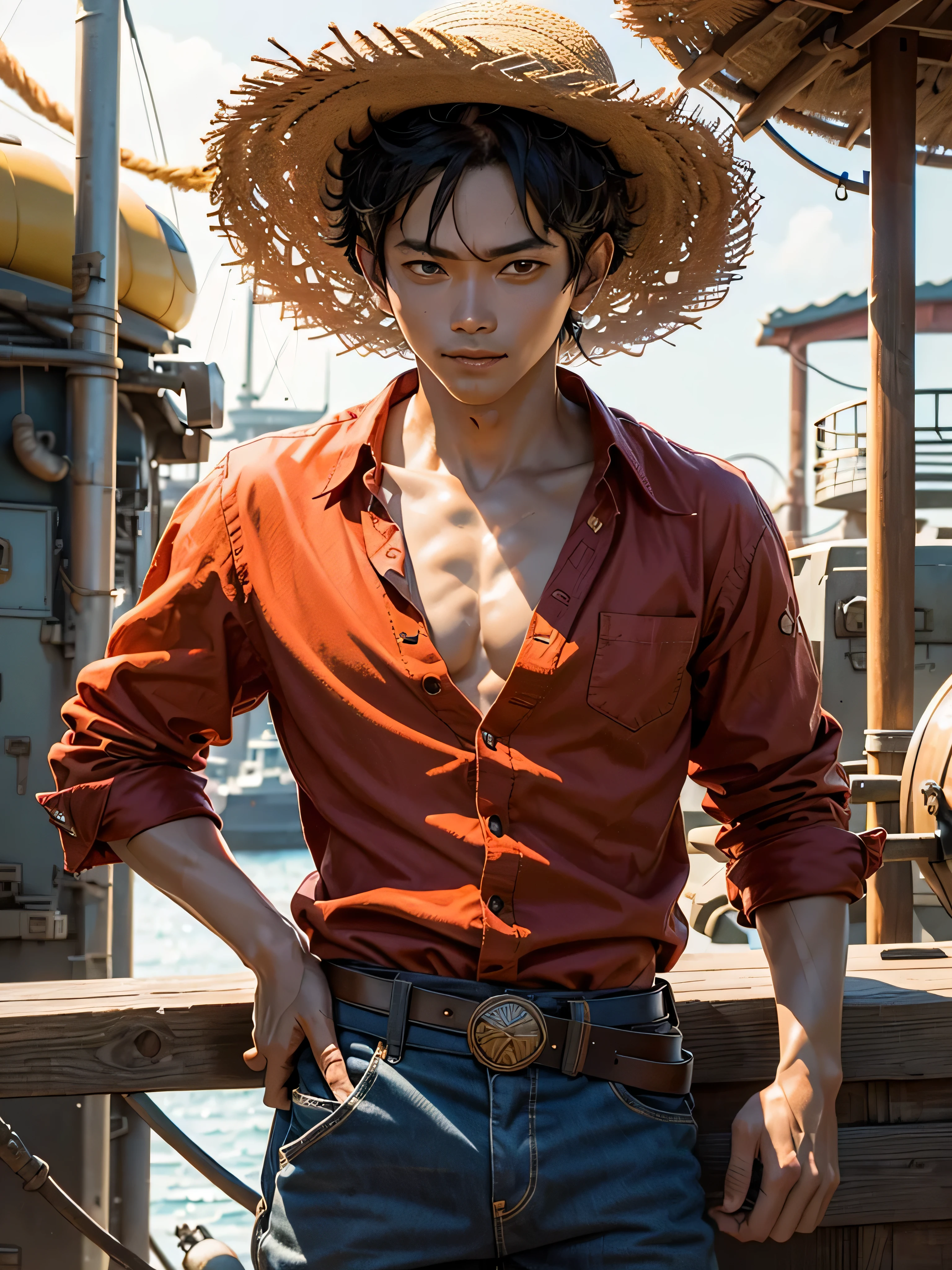 A strong cute Monkey D. Luffy stands confidently on the ship's deck, korean male face, cute face, beautiful face, wearing red full sleeve shirt, unbuttoned, wearing yellow straw hat, his eyes are sparkling with determination and his lips are curled up in a mischievous smile,With his straw hat tilted to the side, he looks ready for an adventure, highly detailed body, highly detailed skin, highly detailed eyes, vibrant colors and ultra-fine details, high resolution , 8K, masterpiece, vibrant