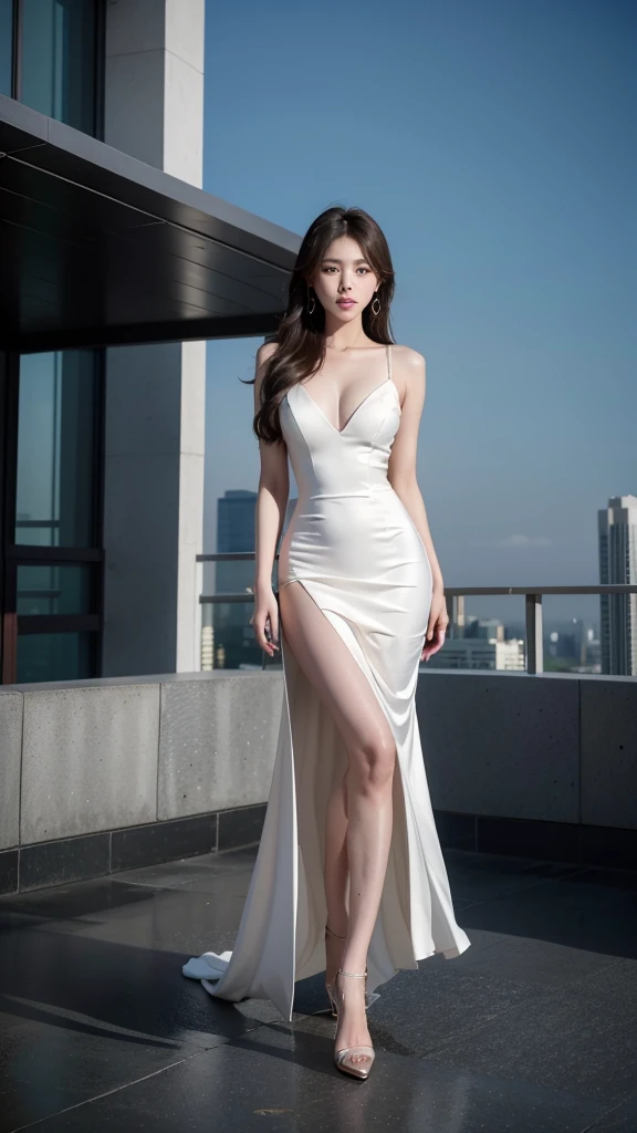 In this stunning film image shot with a 70mm frame, The ISO100 setting perfectly emphasizes the flawless skin of Korean women.. She stands tall on top of a building., Exuding confidence as she wore a transparent mirror dress that elegantly hung over her curves.. The dress showed off her length., Slender legs, adorned with sky-high heels that add a touch of allure to her overall appearance. She is long, ทรงผมยุ่งๆ หลายชั้นช่วยเพิ่มความดื้อรั้นให้withลุคที่ดูซับซ้อนของเธอ.

With her sharp gaze and the toy sniper weapon held firmly in her hand., She embodies both power and grace.. The fluid, dynamic movement captured in this image adds an element of suspense and anticipation.. The images are impeccably composed., with